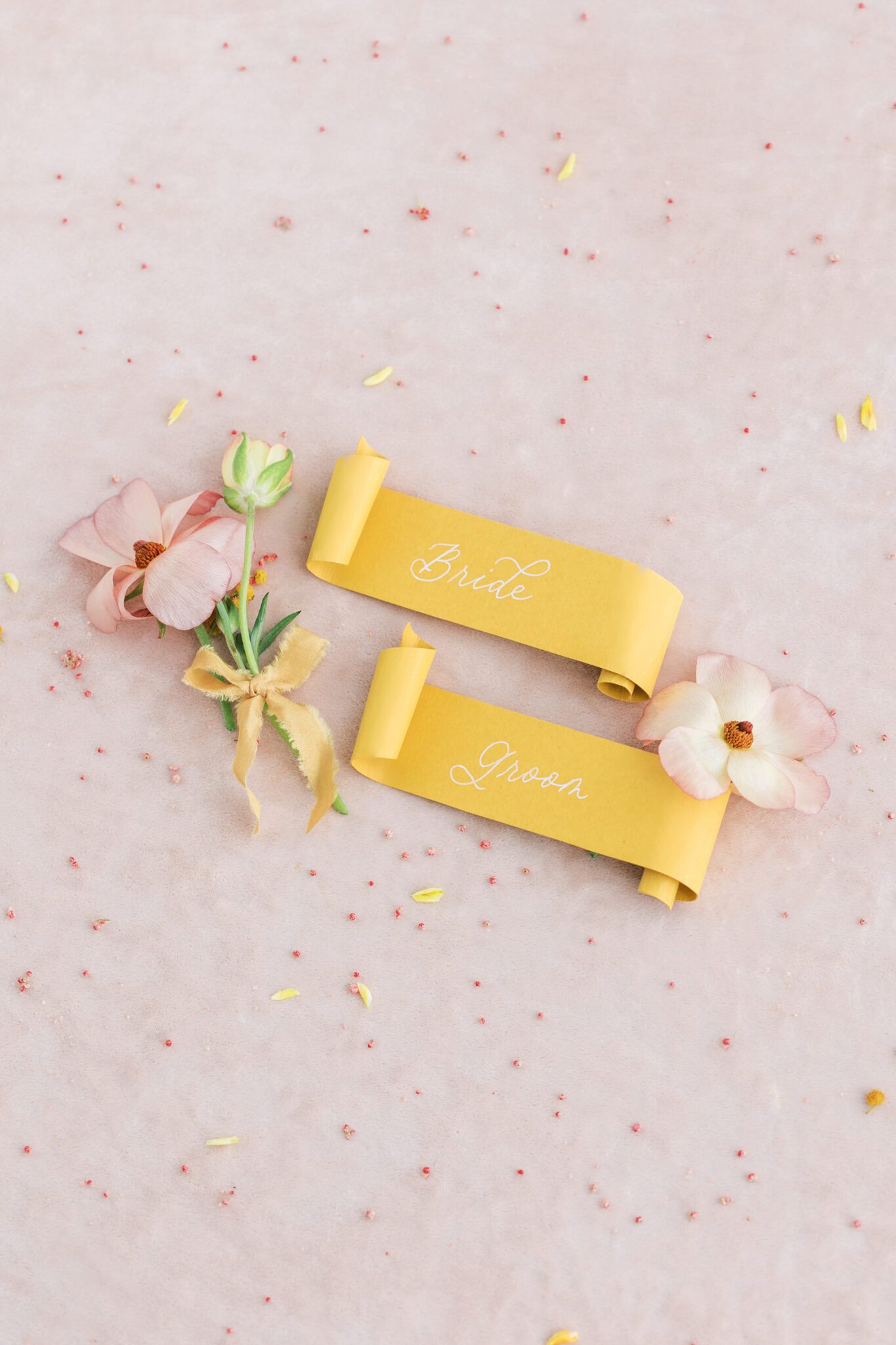 Yellow and pink wedding guest place cards by Petite Paperie Design Co, summer wedding inspiration, spring wedding colour palette ideas, yellow and pink spring wedding florals