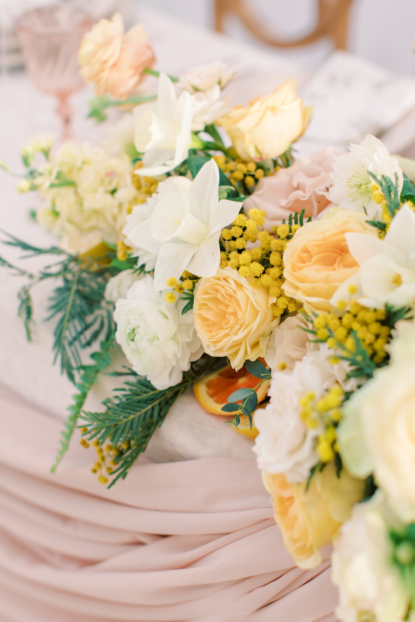 Yellow and peach wedding florals designed by Little Petal Company, summer wedding inspiration, summer wedding ideas