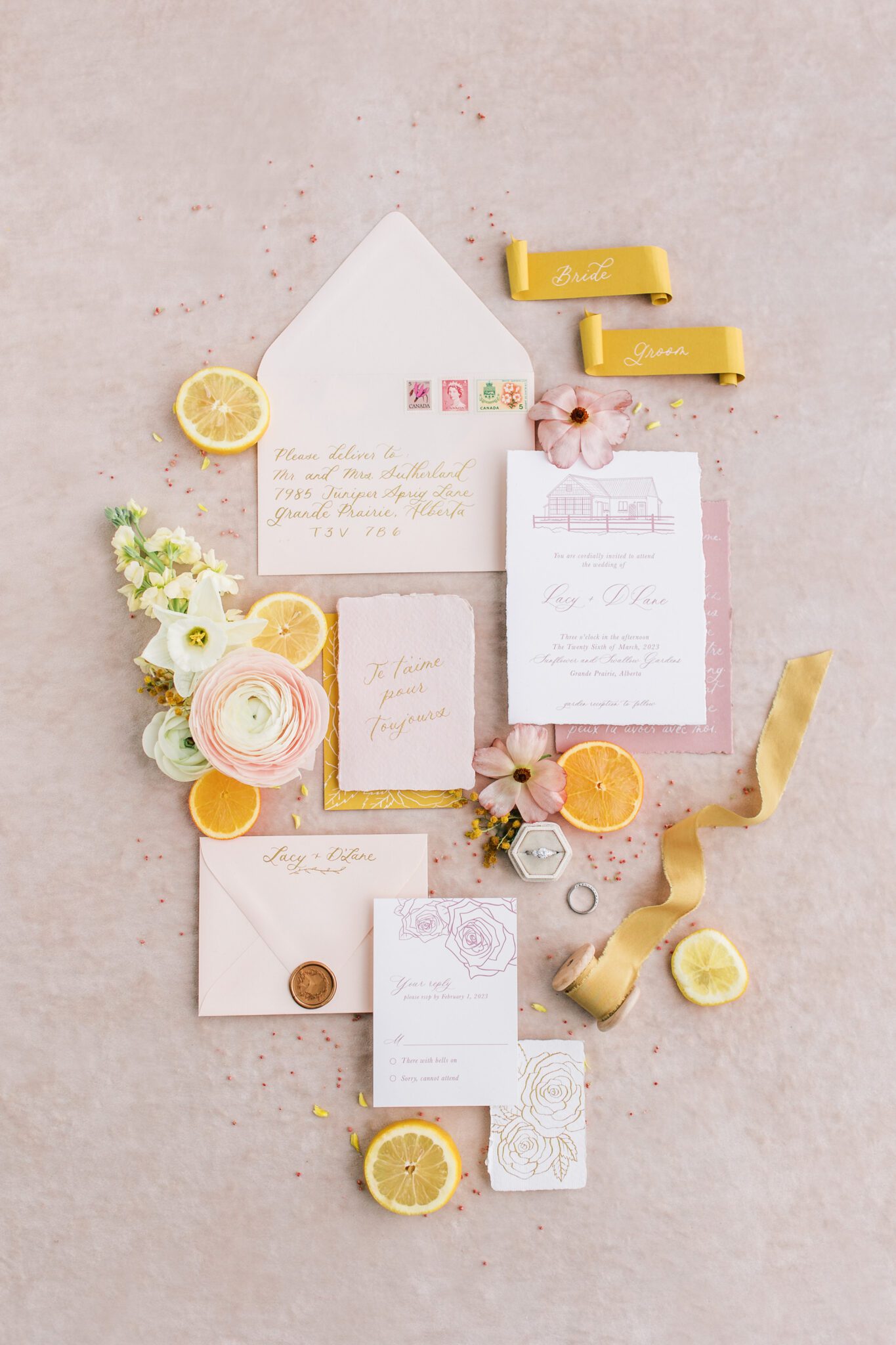 Yellow and peach wedding invitation paper suite by Petite Paperie Design Co. Spring wedding colour palette ideas, yellow and pink spring wedding florals.