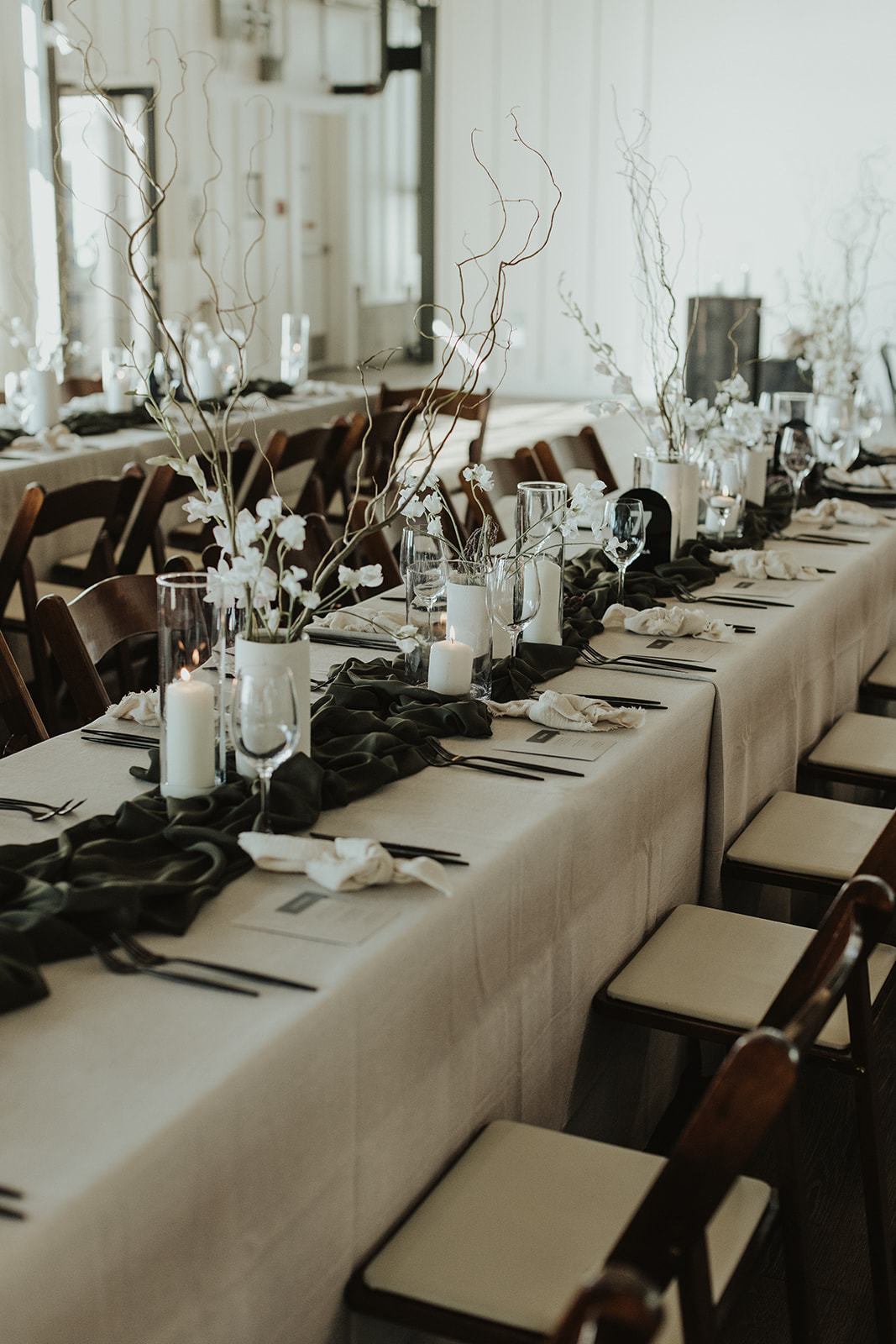 Gorgeous reception at The Wallace in North Vancouver. Decorated with olive green table runners, and earthy, organic florals. Decor rentals by Bespoke Decor.