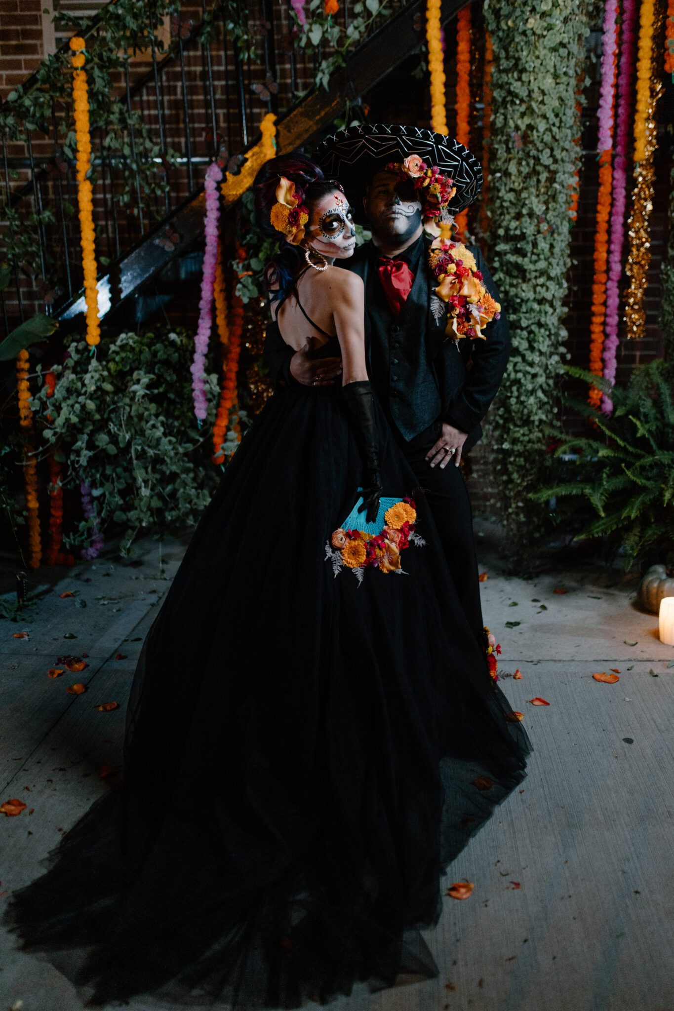 Day of the dead halloween inspired photo shoot, featuring black tulle dress and fall florals by Calyx Floral Design. 