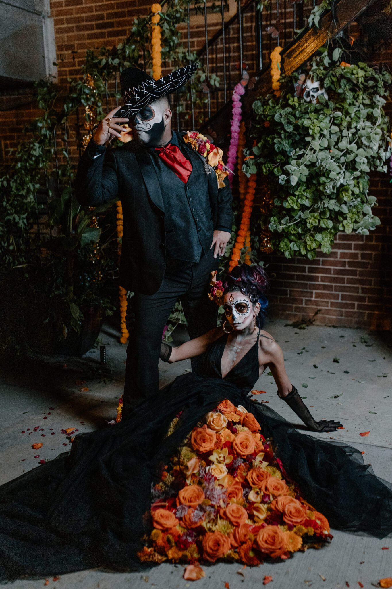 Day of the dead halloween inspired photo shoot, featuring makeup by La Boheme Beauty and Skin, and fall florals by Calyx Floral Design. 