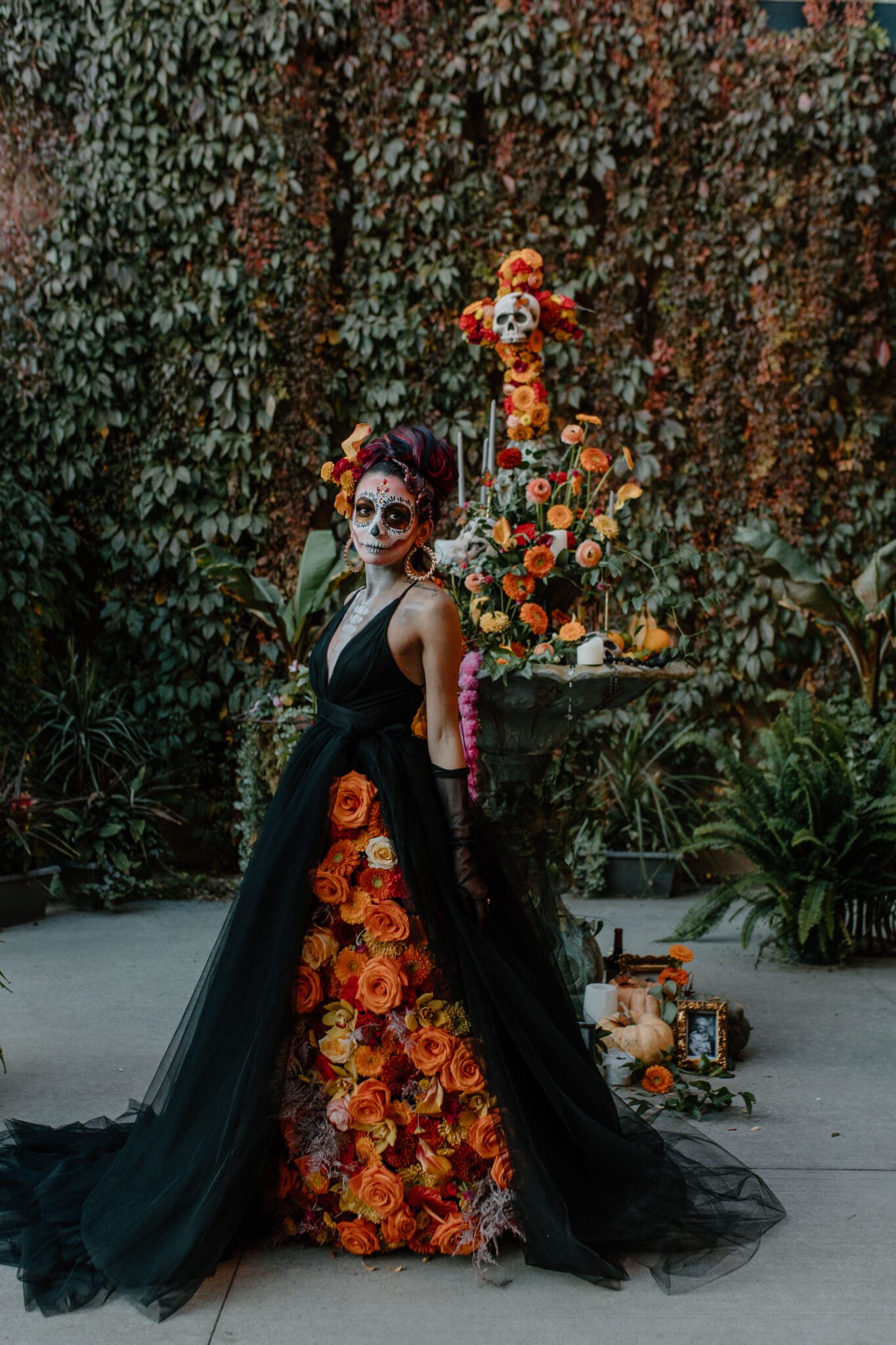 Day of the dead halloween inspired photo shoot, featuring black tulle dress and fall florals by Calyx Floral Design. 