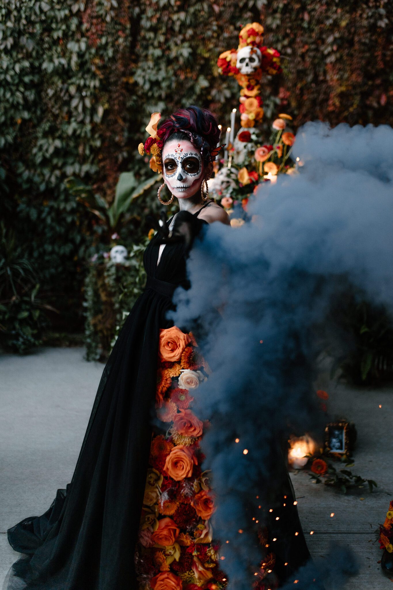 Black smoke bomb used during halloween inspired fall photo session, captured by Nikki Collette Photography and Inspired Motion Films.