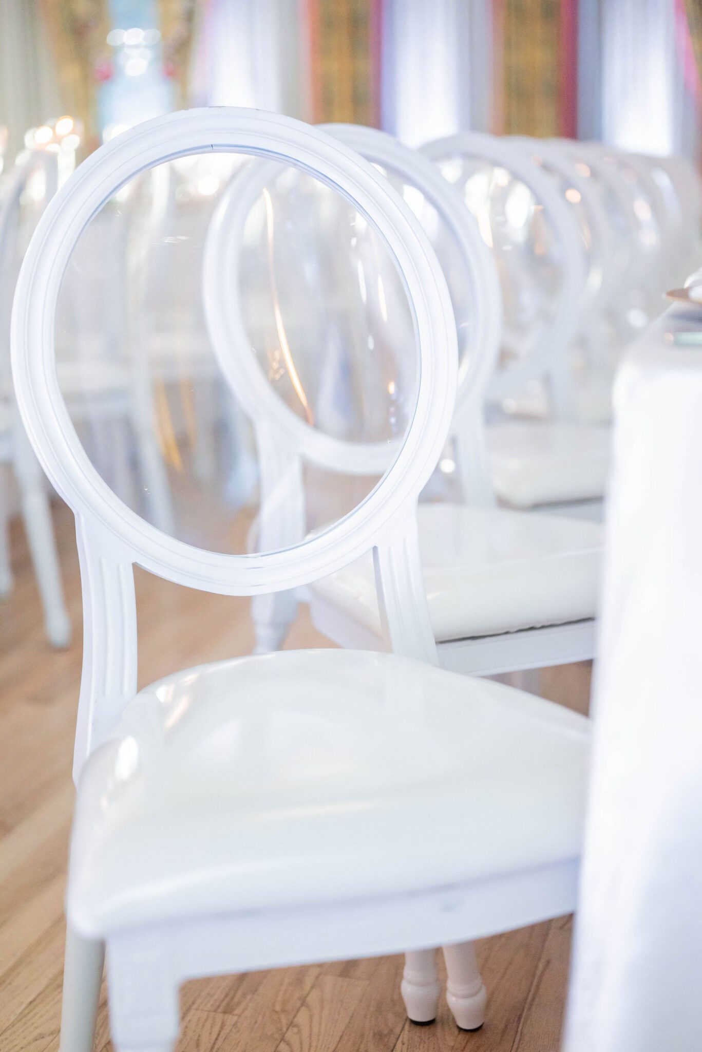 Elegant chairs in reception room at summer Banff wedding, classic wedding style. 