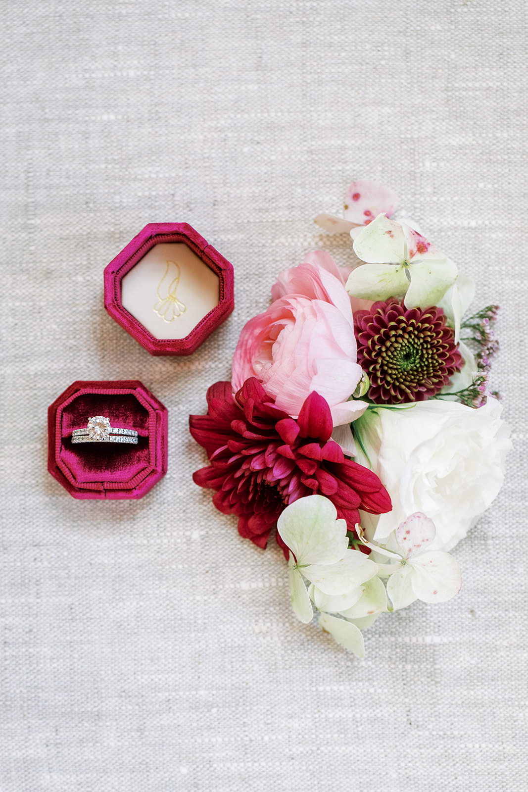 Colourful, vintage inspired velvet burgundy red wedding ring box, and gorgeous florals by Rose & Vine. Burgundy wedding inspiration, burgundy and berry wedding details