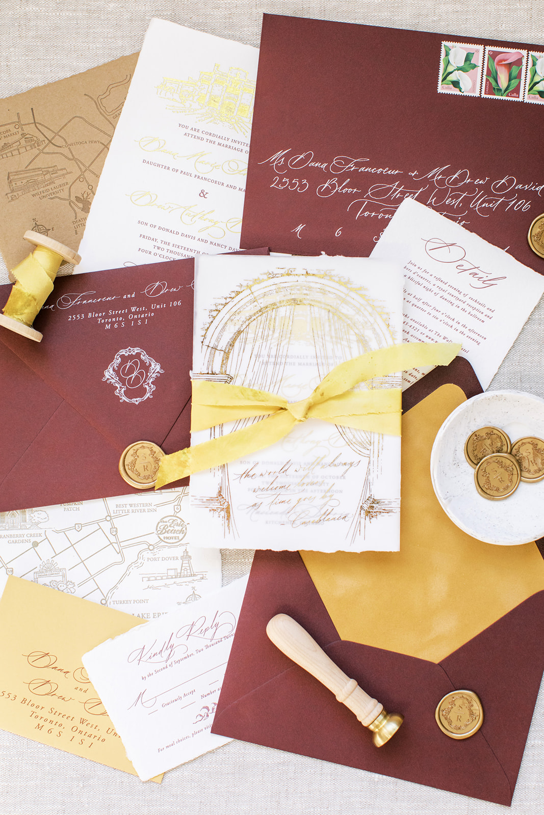 Fine art wedding invitation suite, burgundy and yellow wedding stationery by Paper Ocelot.