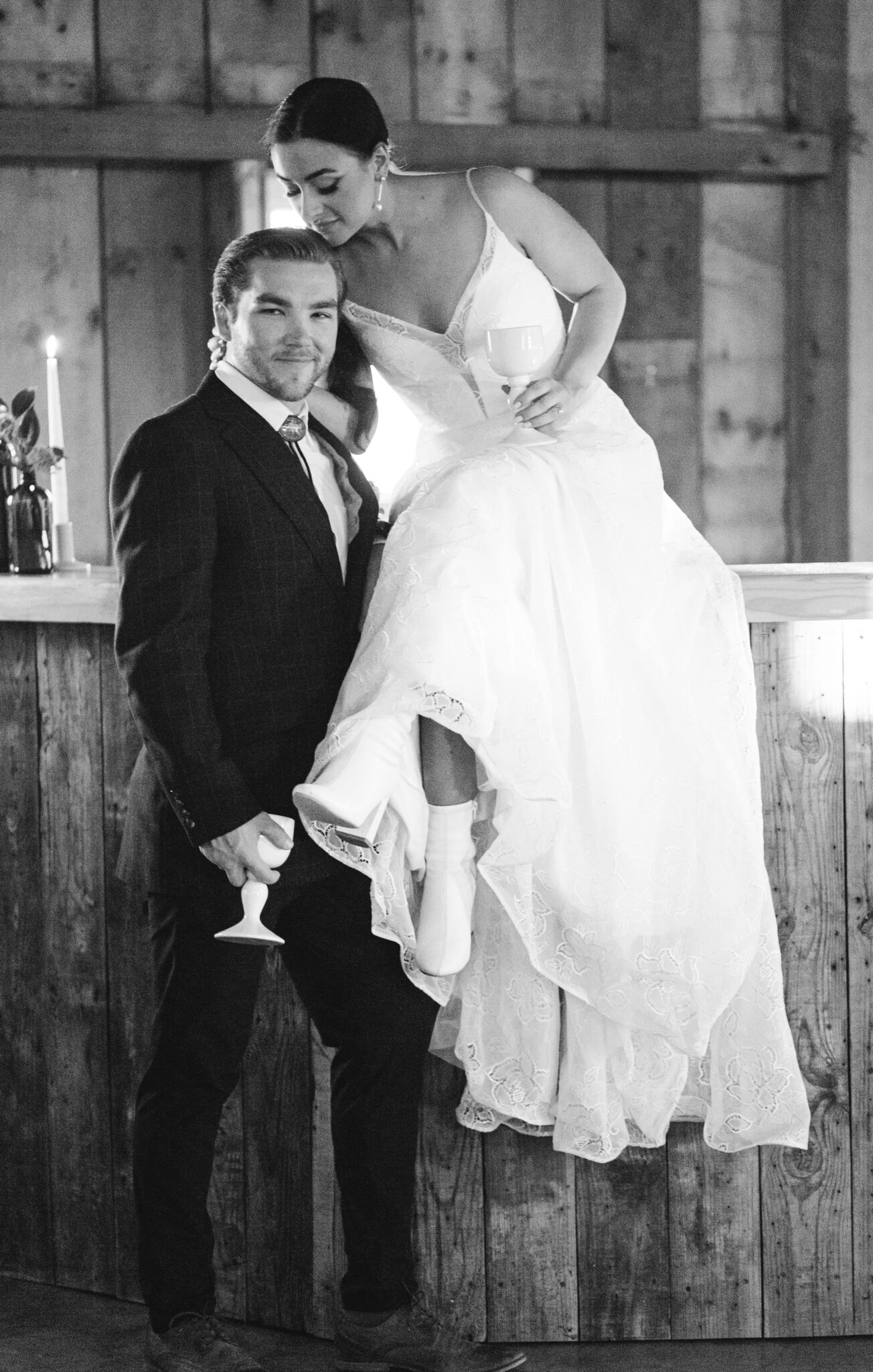 Wedding Inspiration With An Updated Take on Country Chic Wedding Style at Countryside Barn in Lethbridge Alberta, bride and groom wedding portrait in black and white photography