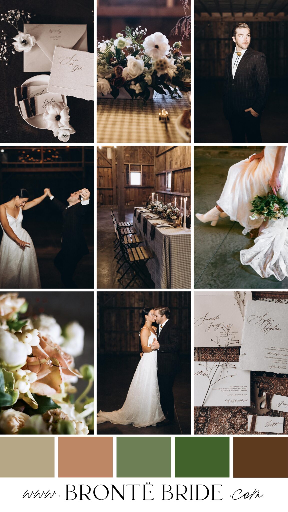 Country Chic Wedding Inspiration & Colour Palette Ideas | Wedding Inspiration & Mood Board from the Bronte Bride Blog; Winter wedding inspiration in Alberta with a romantic colour palette of dusty rose, green, taupe and warm brown. 