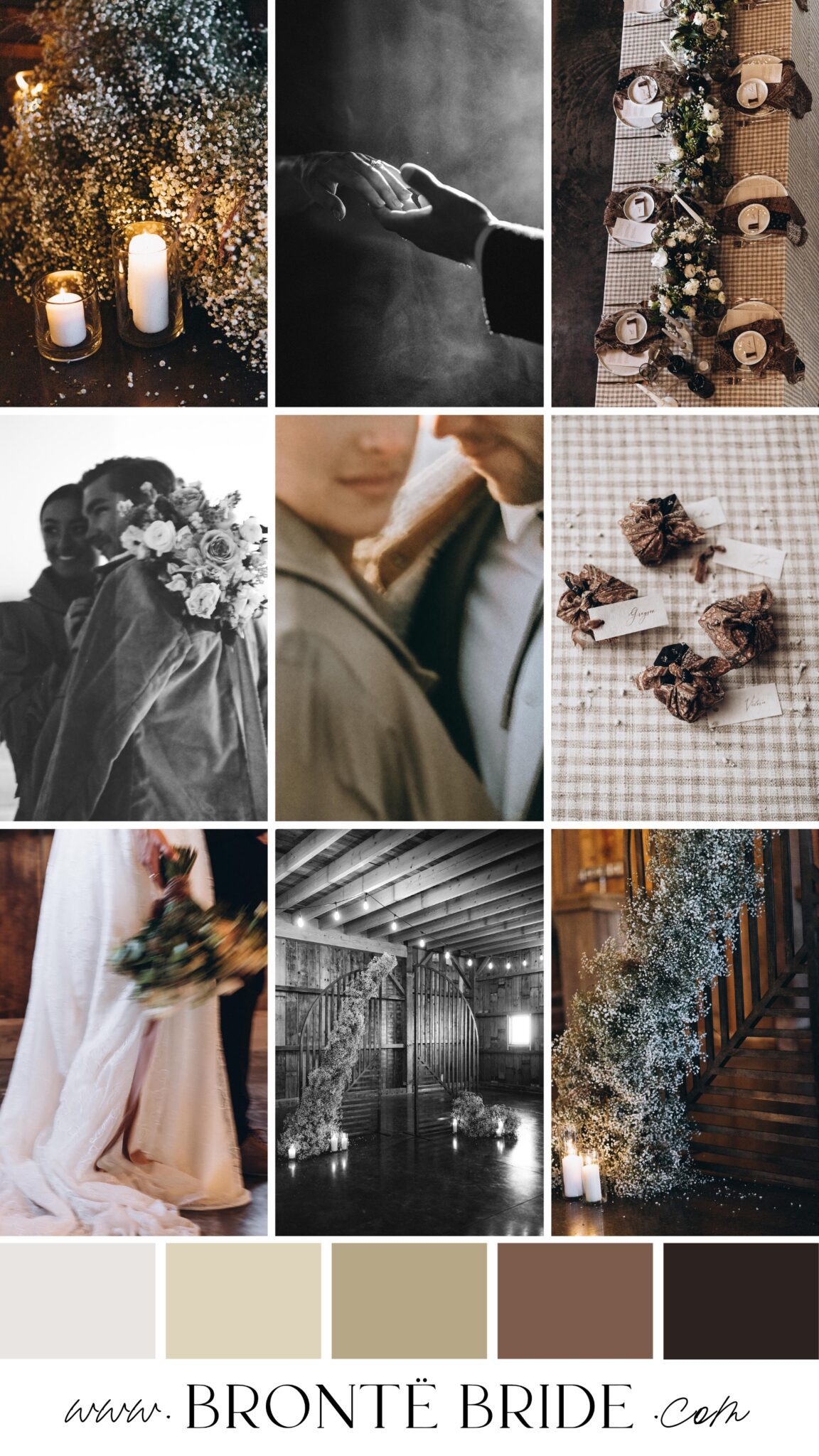 Country Chic Wedding Inspiration & Colour Palette Ideas | Wedding Inspiration & Mood Board from the Bronte Bride Blog; Winter wedding inspiration in Alberta with a romantic neutral contemporary colour scheme of taupe, cream, tan, brown, and black. modern vintage colour palette for a vintage inspired wedding