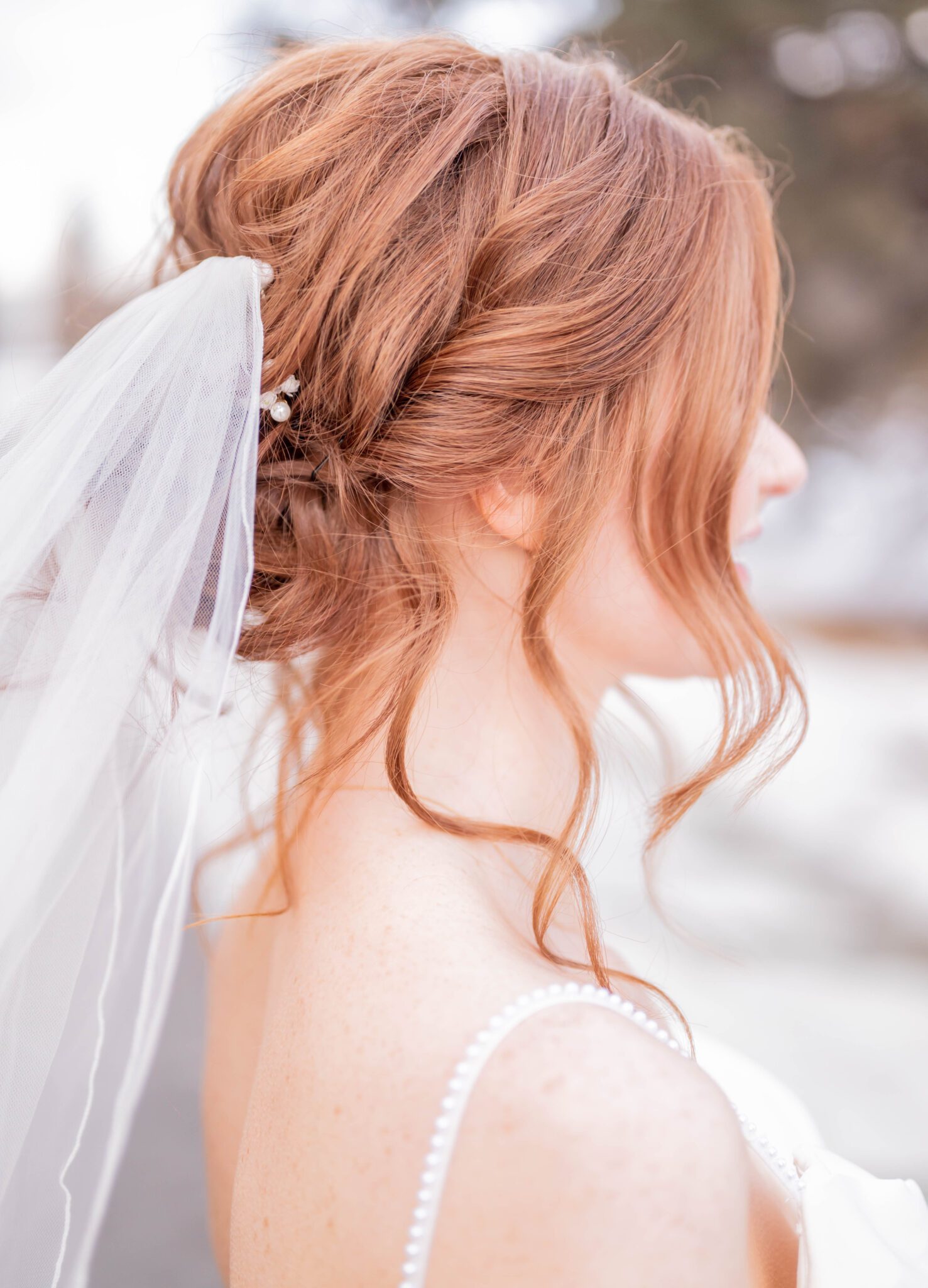 Close up portrait of bridal updo and elegant veil, bridal portrait inspiration. 