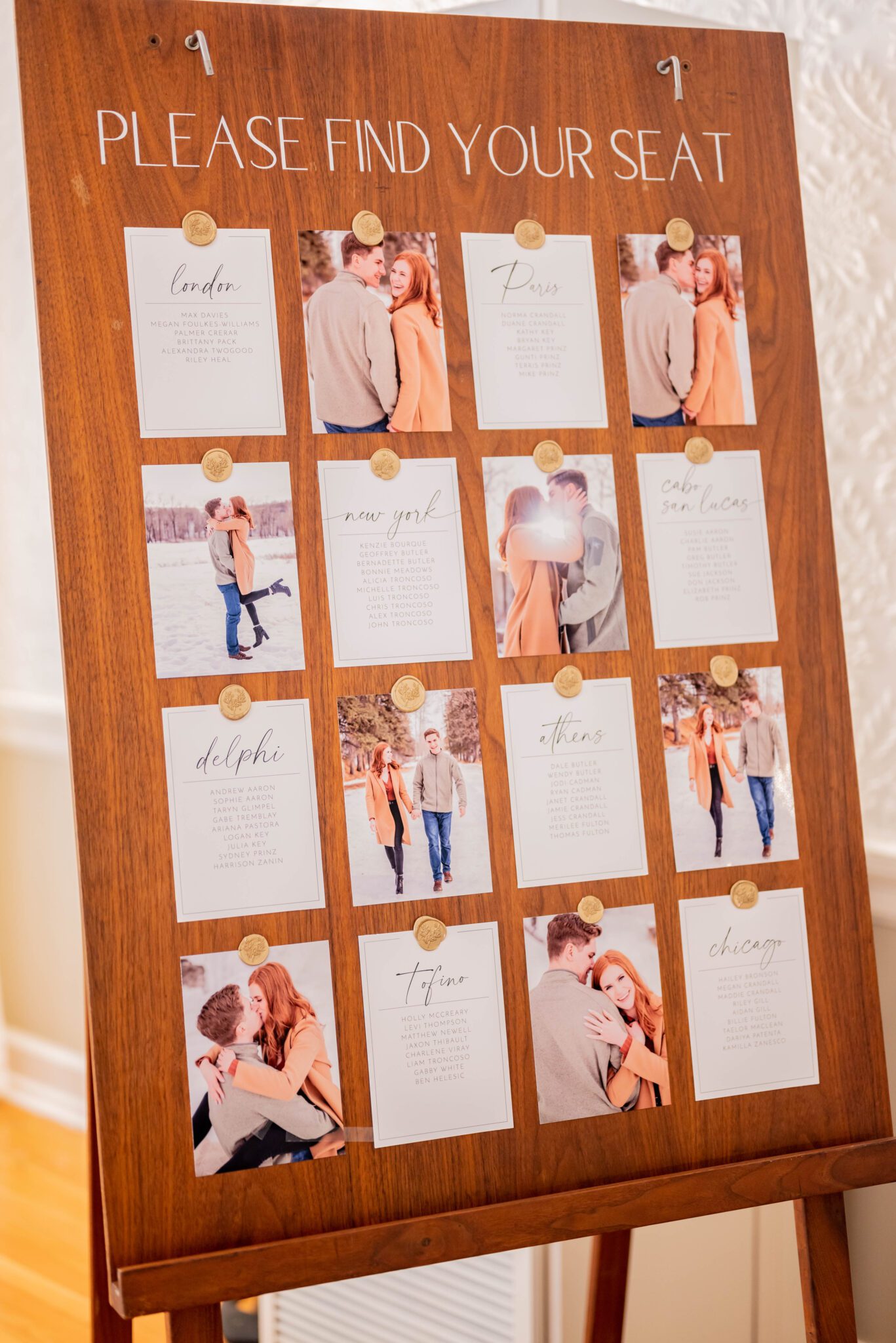 Custom and creative seating chart inspiration with couple's engagement portraits.