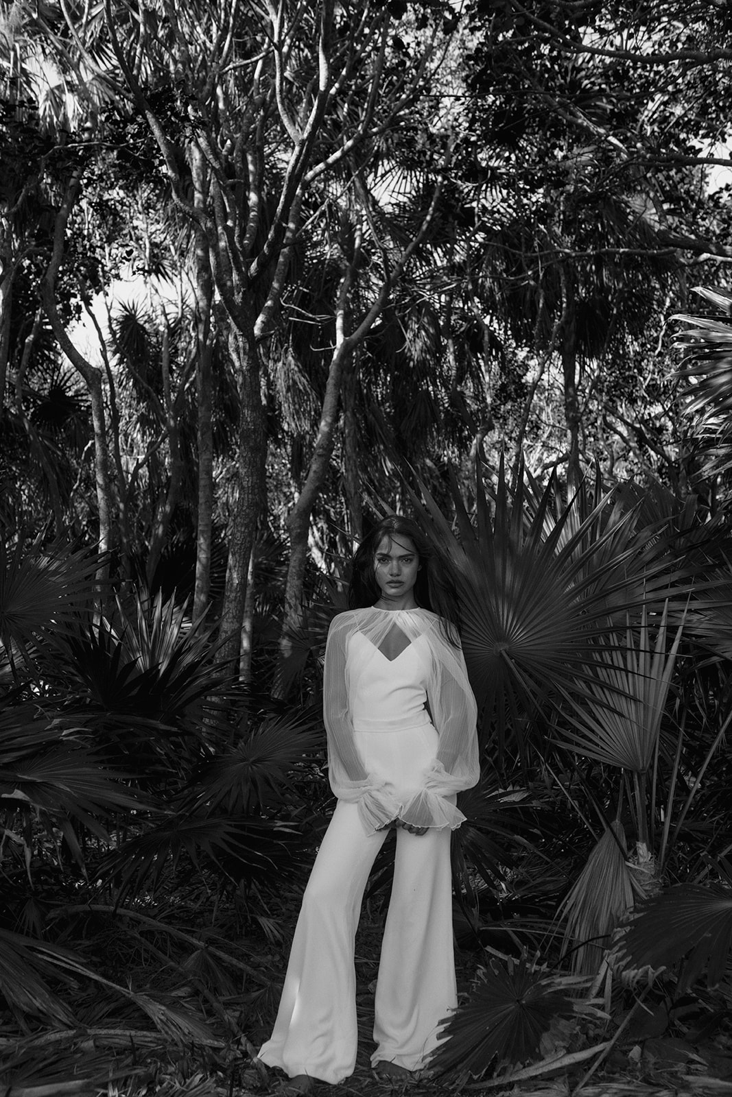Black and white bridal portrait, with bride surrounded by palm trees, wearing a two-piece bridal set with elegant tulle sleeves. 