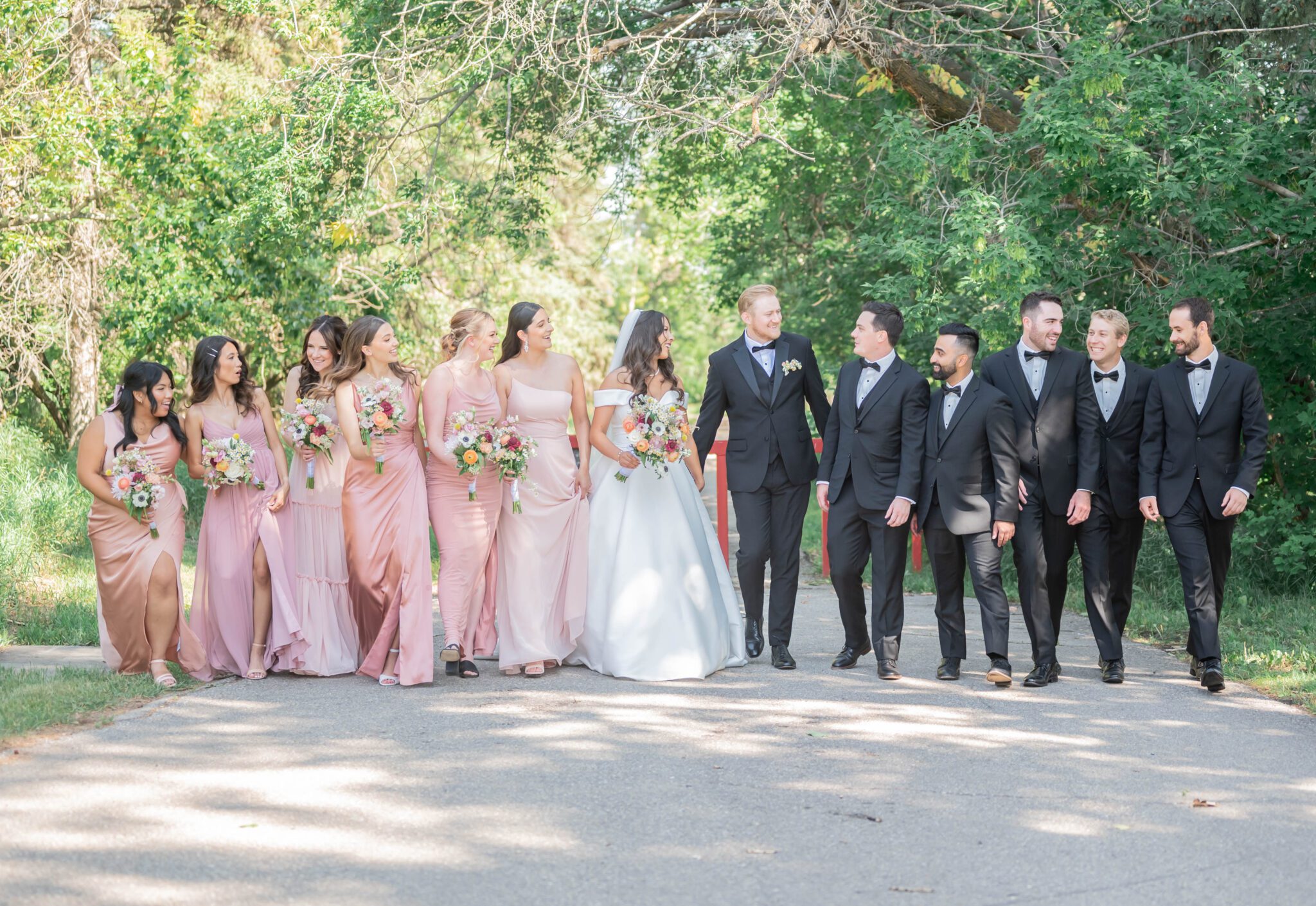 Wide portrait of bride and groom walking with their wedding party in Spruce Meadows, bridesmaids in different shades of pink.