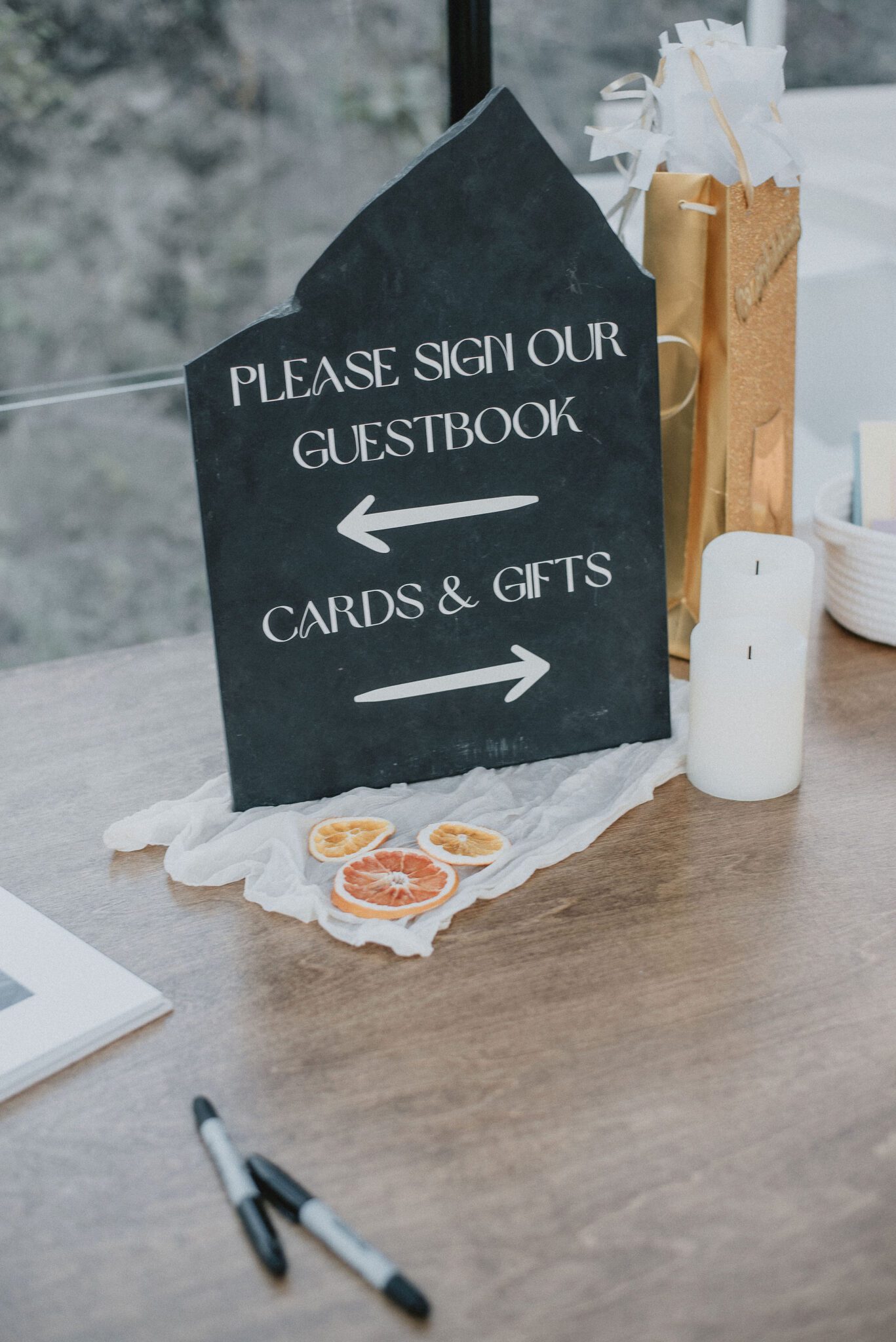 Custom signage for the guest book signing and gifts, at vineyard wedding reception. 