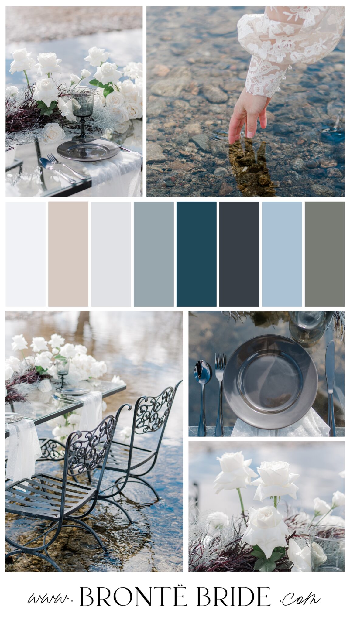 Modern Colour Palette Inspiration from an Ethereal Bridal Editorial on Lake Okanagan, featured on Brontë Bride. Wedding Colour Palette Inspiration with Light Blue and slate gray and brown