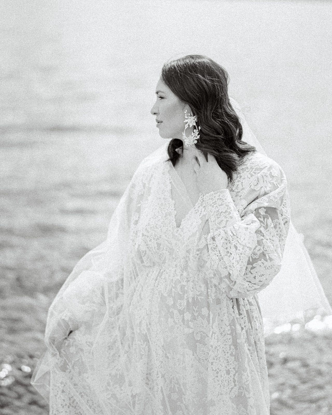 Bride wearing Julia gown by Anna Kova, intimate Okanagan bridal portraits, lakeside and mountain elopement inspiration.