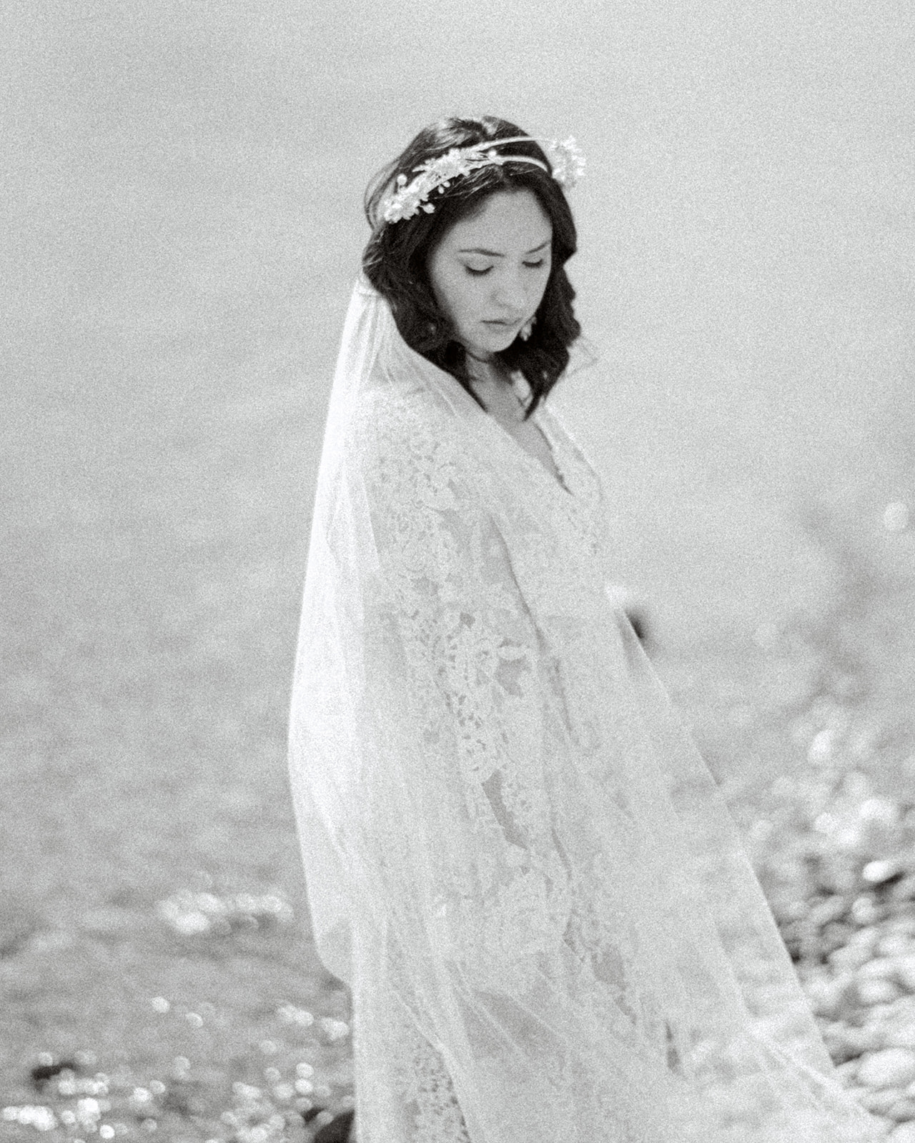 Bride wearing Julia gown by Anna Kova, intimate Okanagan bridal portraits, lakeside and mountain elopement inspiration.