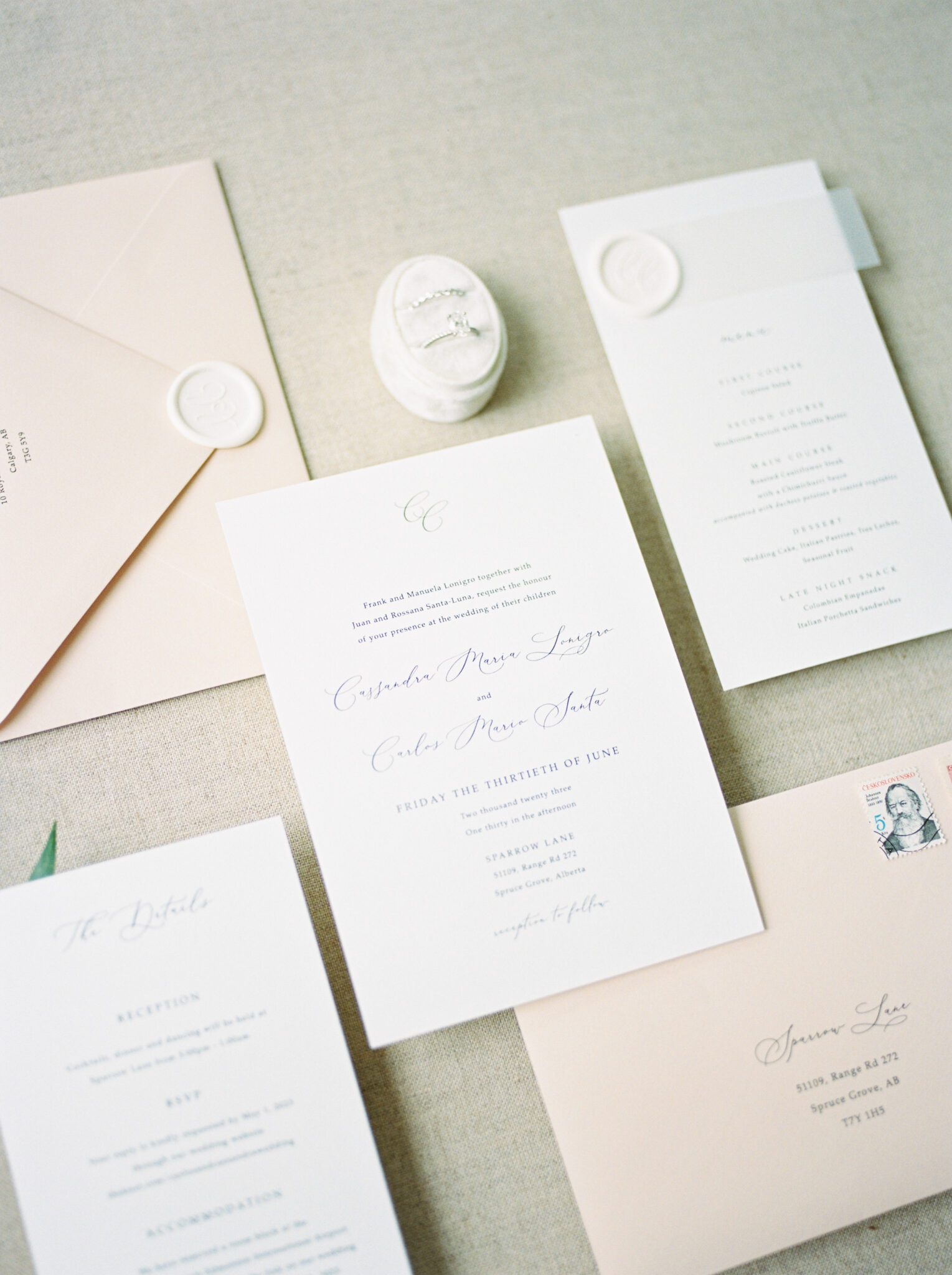 Classic and elegant white and blush wedding invitation paper suite captured by Jenny Jean Photography.