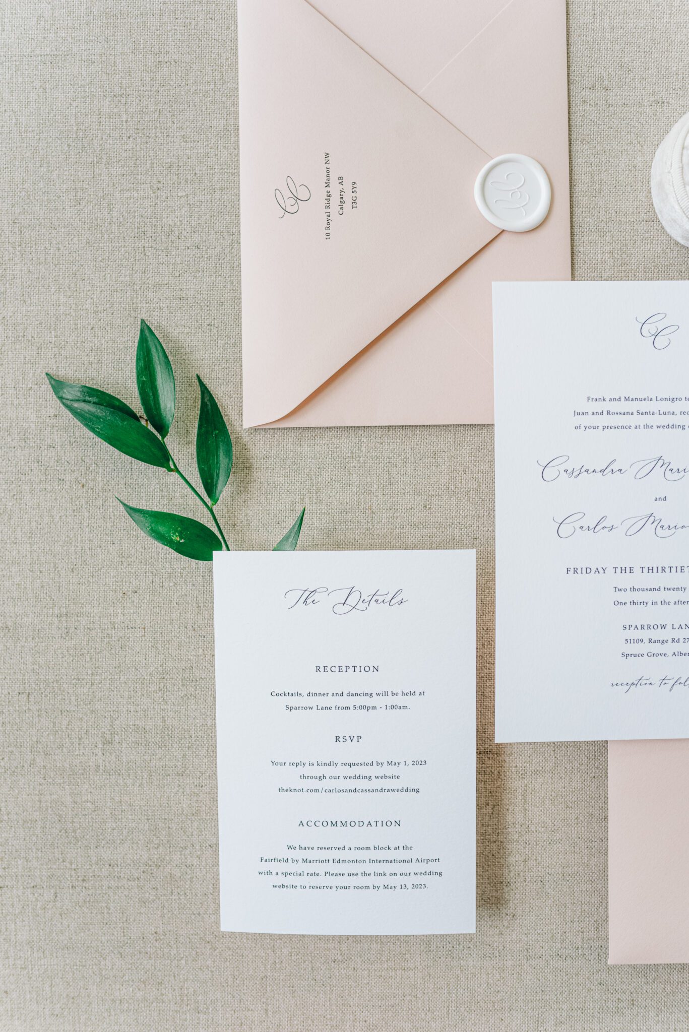 Classic and elegant white and blush wedding invitation paper suite captured by Jenny Jean Photography.
