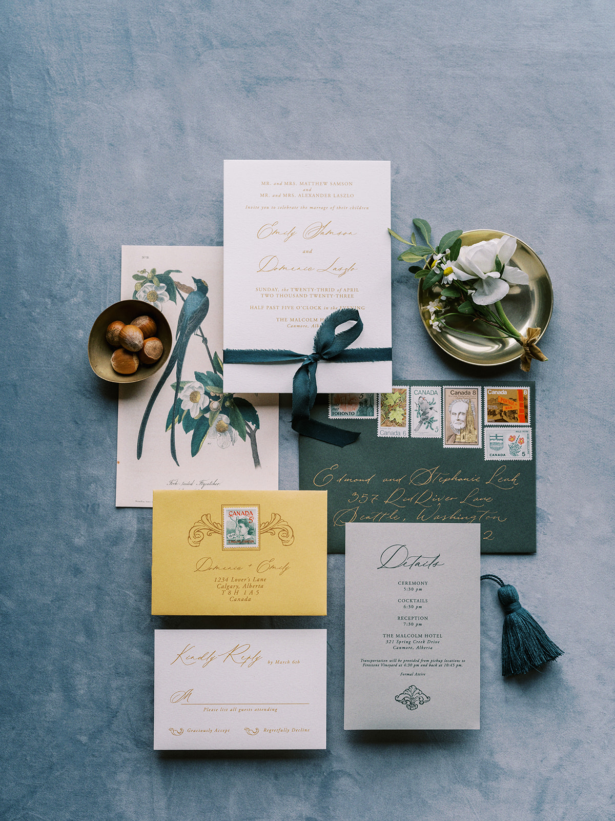 Custom jewel toned Mediterranean-Inspired wedding invitation paper suite by PaperOcelot Studios.