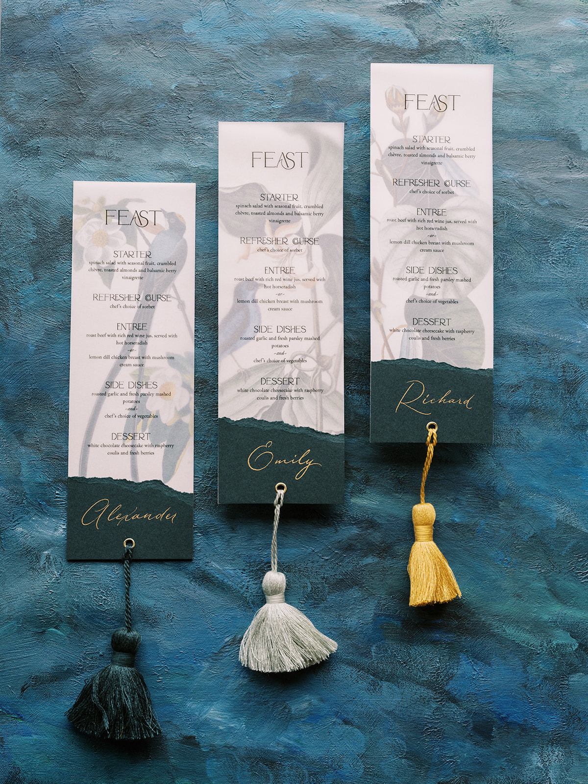 Contemporary wedding reception menu by PaperOcelot Sudios featuring Mediterranean-inspired decor in oceanic colour palette. 
