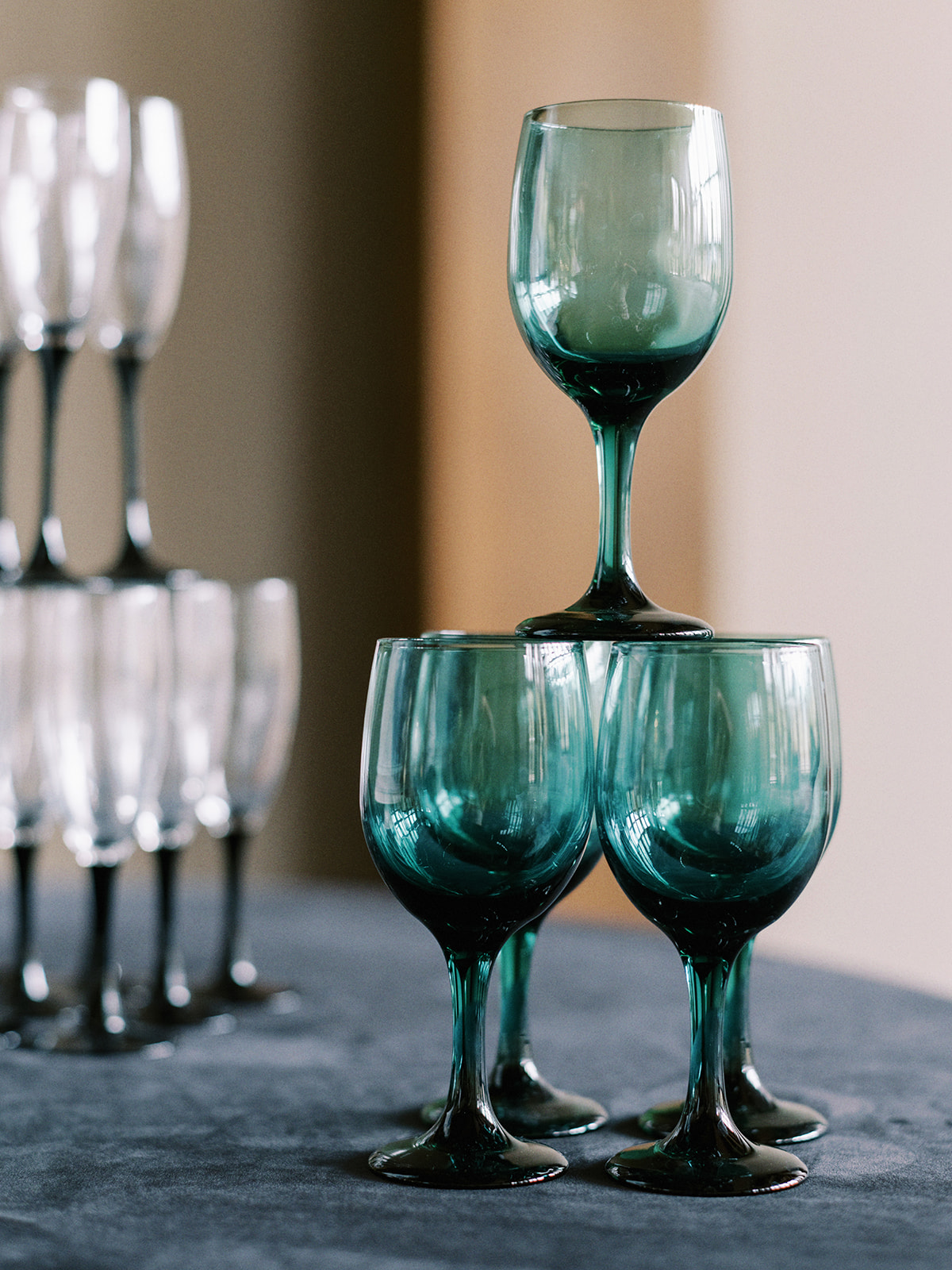Elegant jewel-toned glassware from Modern Rentals. 