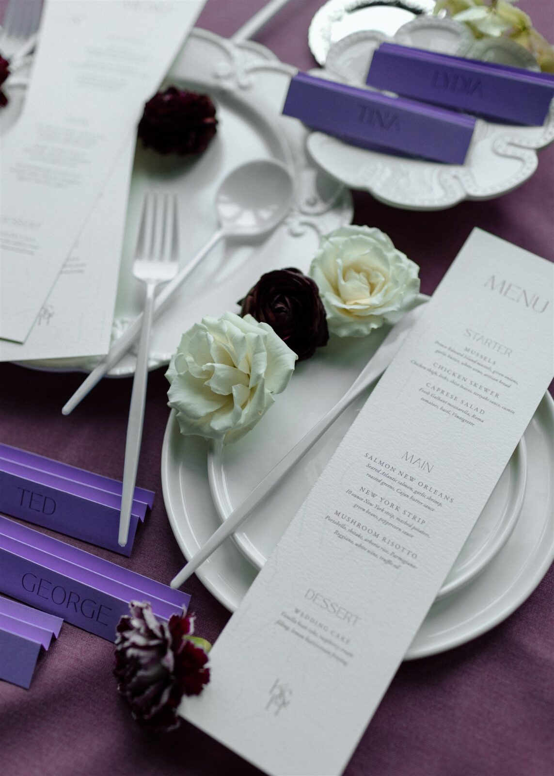 Elegant plum inspired wedding tablescape, designed by Rebekah Bronte Designs. 