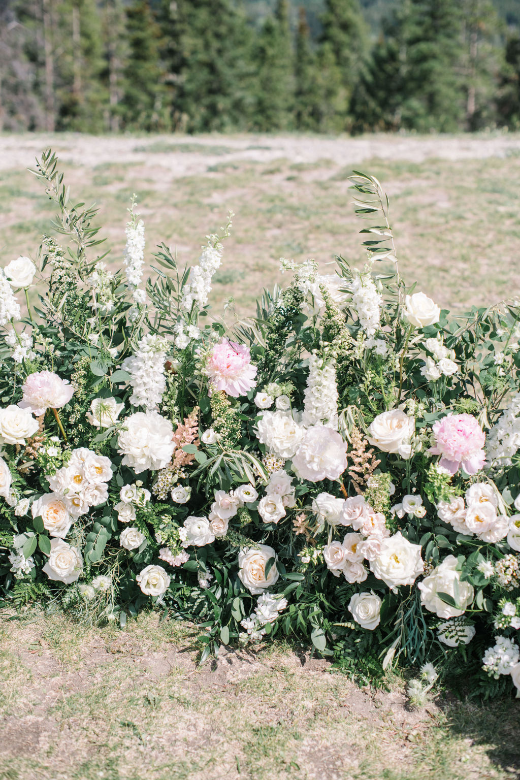 Elegant grounded ceremony floral arch featuring white roses, pink peonies, and greenery by Flowers by Janie. Sophisticated mountain wedding inspiration in Banff, Alberta, Canada. 