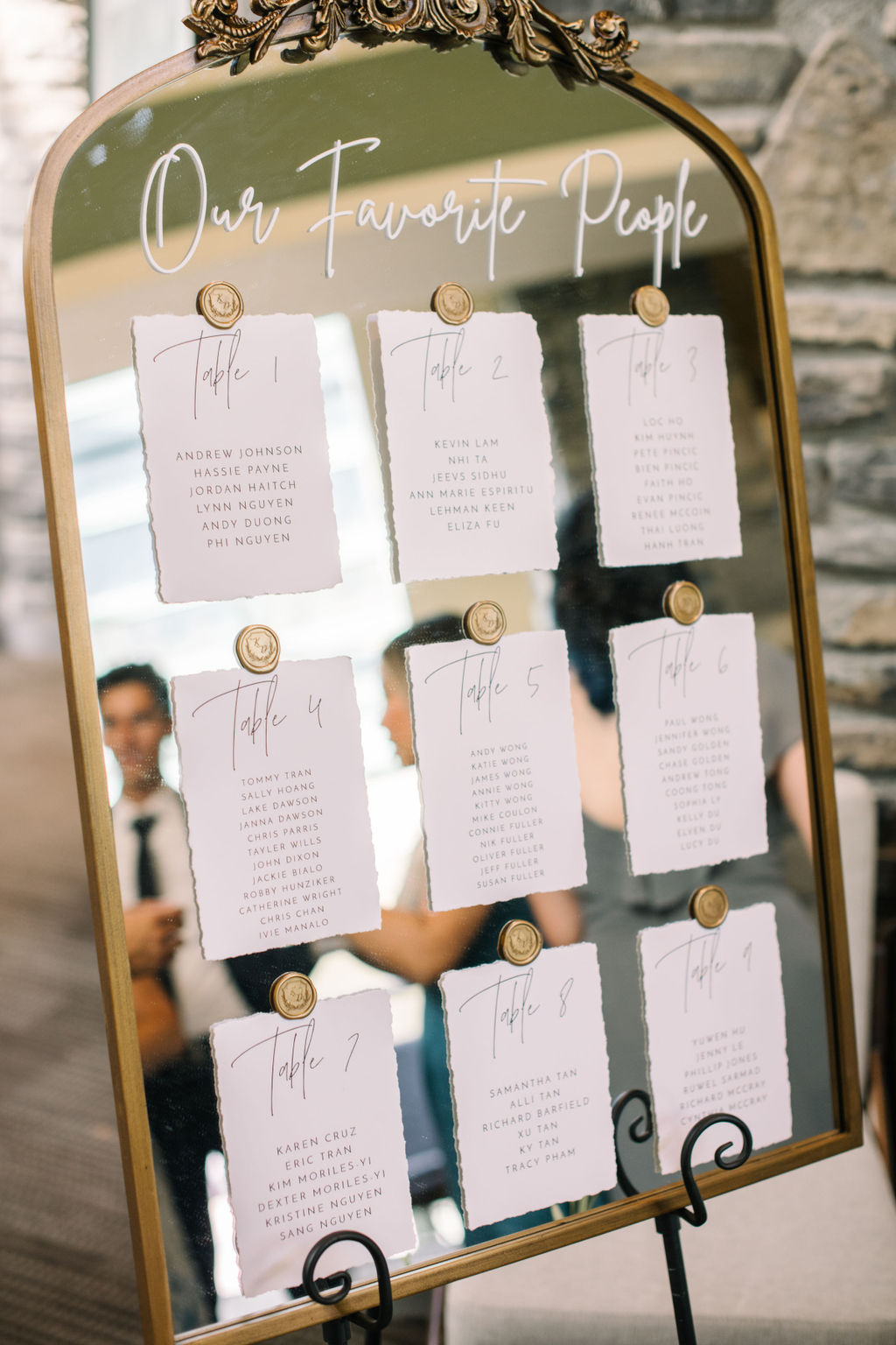 Wedding reception seating chart on gold antique style ornate mirror. Classically styled Fairmont Banff Springs wedding reception. 