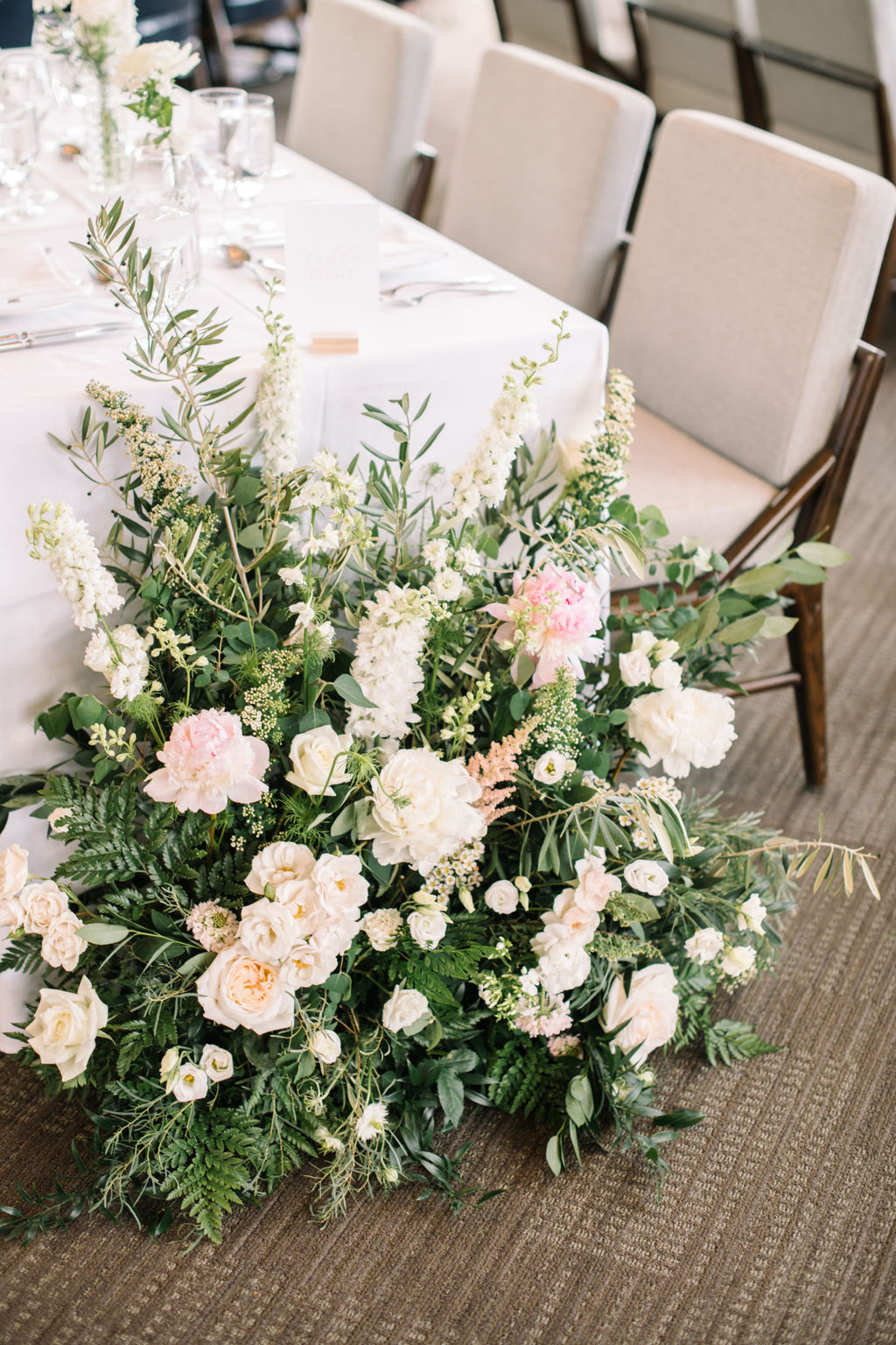 Classically styled Fairmont Banff Springs wedding reception, featuring white and pink wedding florals by Flowers by Janie.
