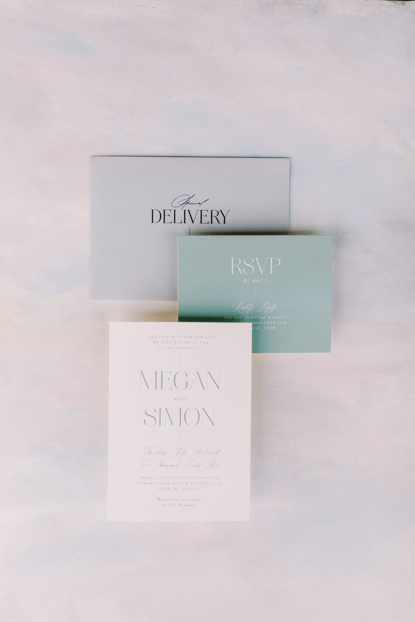 Wedding invitation paper suite in grey, teal and white colour scheme. Wedding invitation inspiration. 