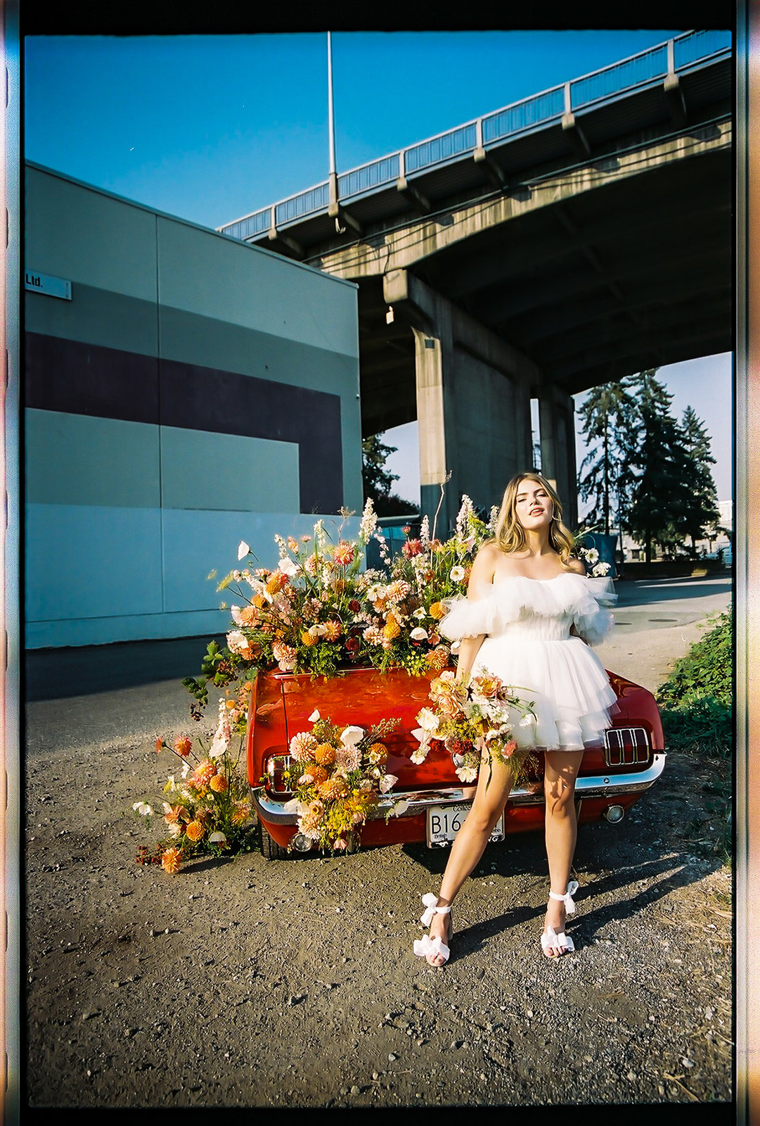 Carefree bride wearing flirty Zephyr dress by local Vancouver designer Ouma Bridal, standing in front of vintage red muscle car surrounded by tangerine and white summer blooms. Poloroid image with vintage rock and roll vibes. 