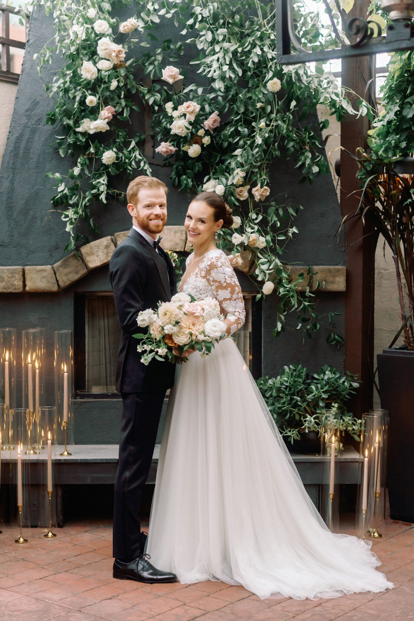 Bride and groom embrace during a romantic wedding portrait session at Bonterra Trattoria.