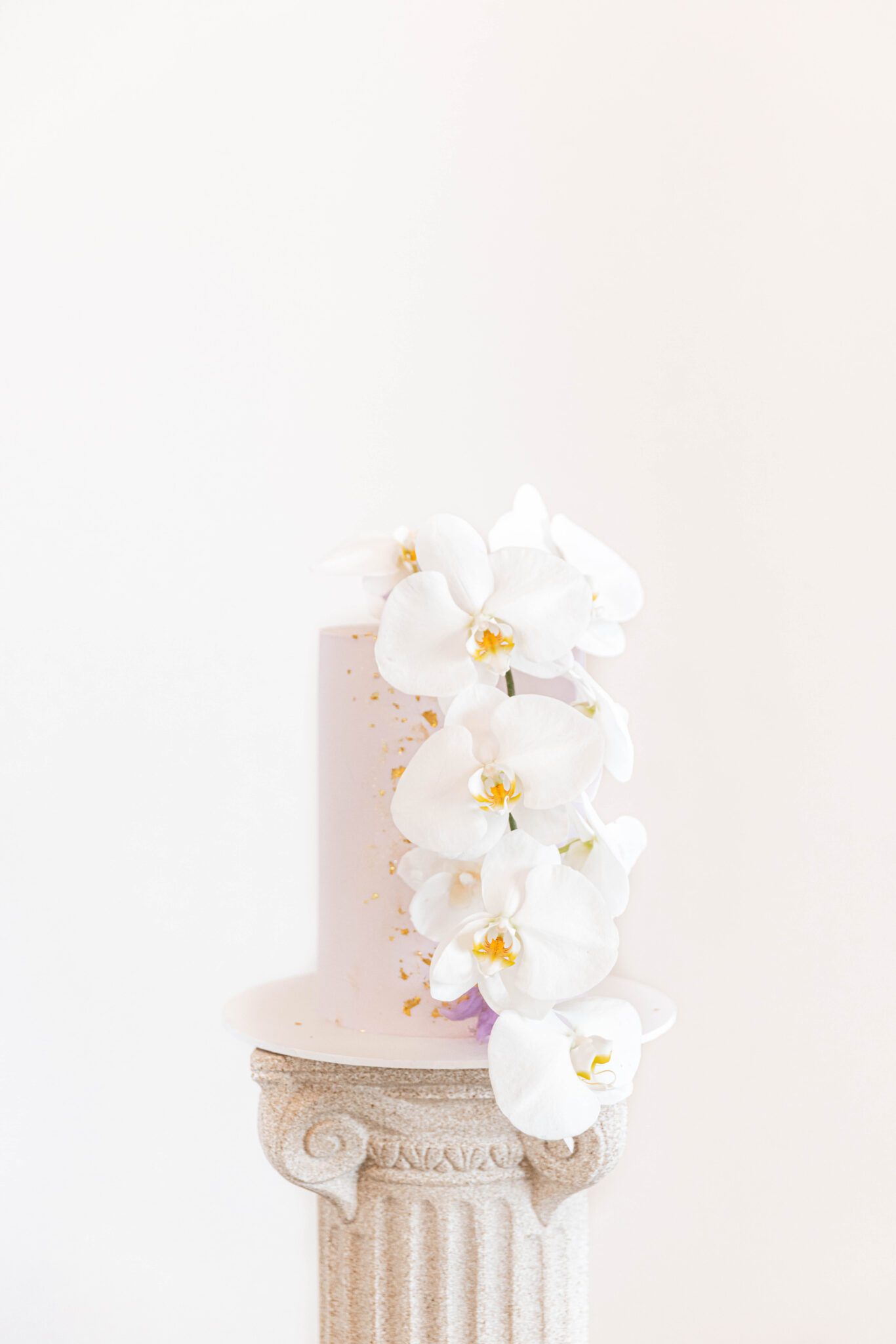 Elegant one-tiered pink wedding cake topped with cascading white orchids. 