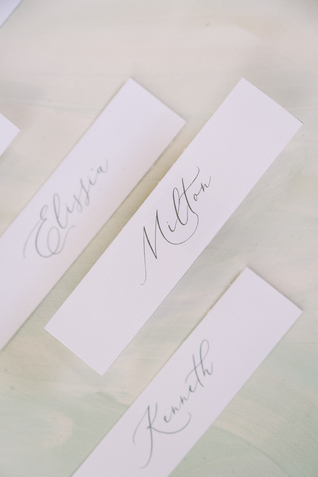 Close-up of wedding place cards with calligraphy on a handpainted misty green flatlay mat. 