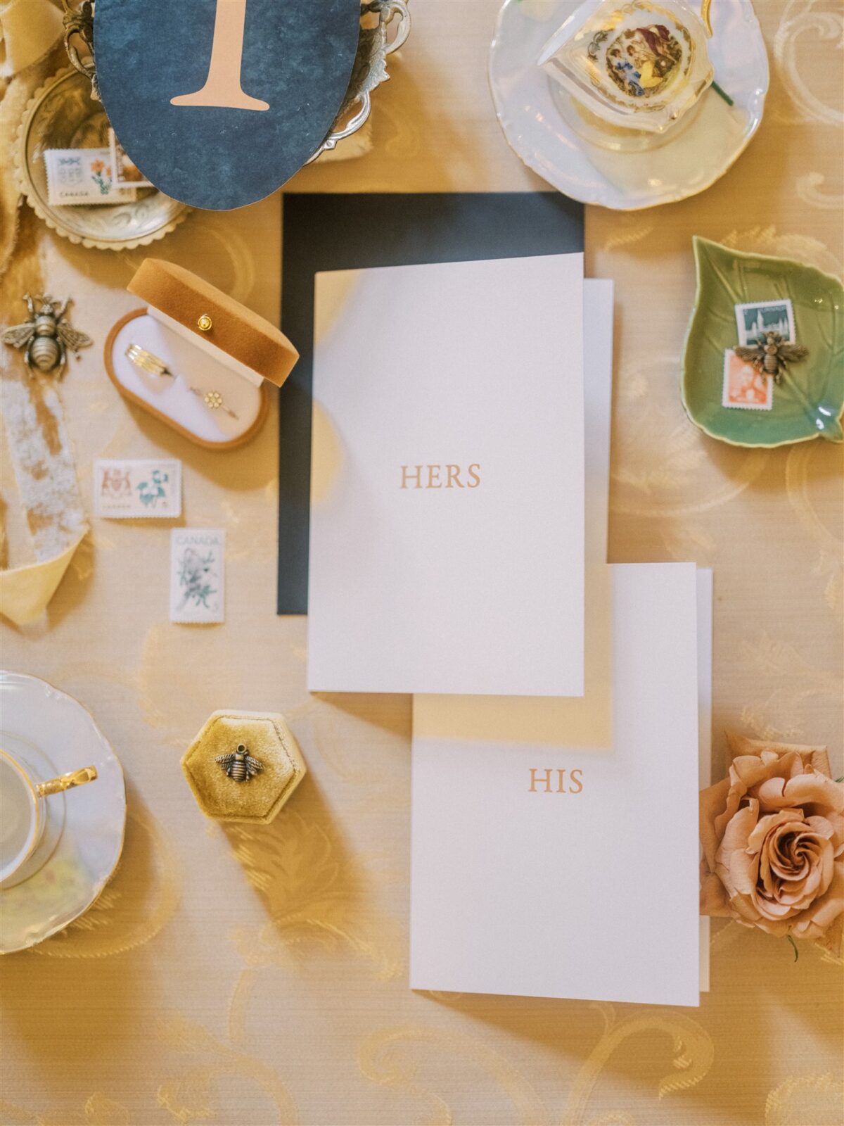 Wedding Details and Stationery Flatlay - Delectable Caramel & Toffee Tones in This Elegant Fairmont Wedding Inspiration, Vow Books