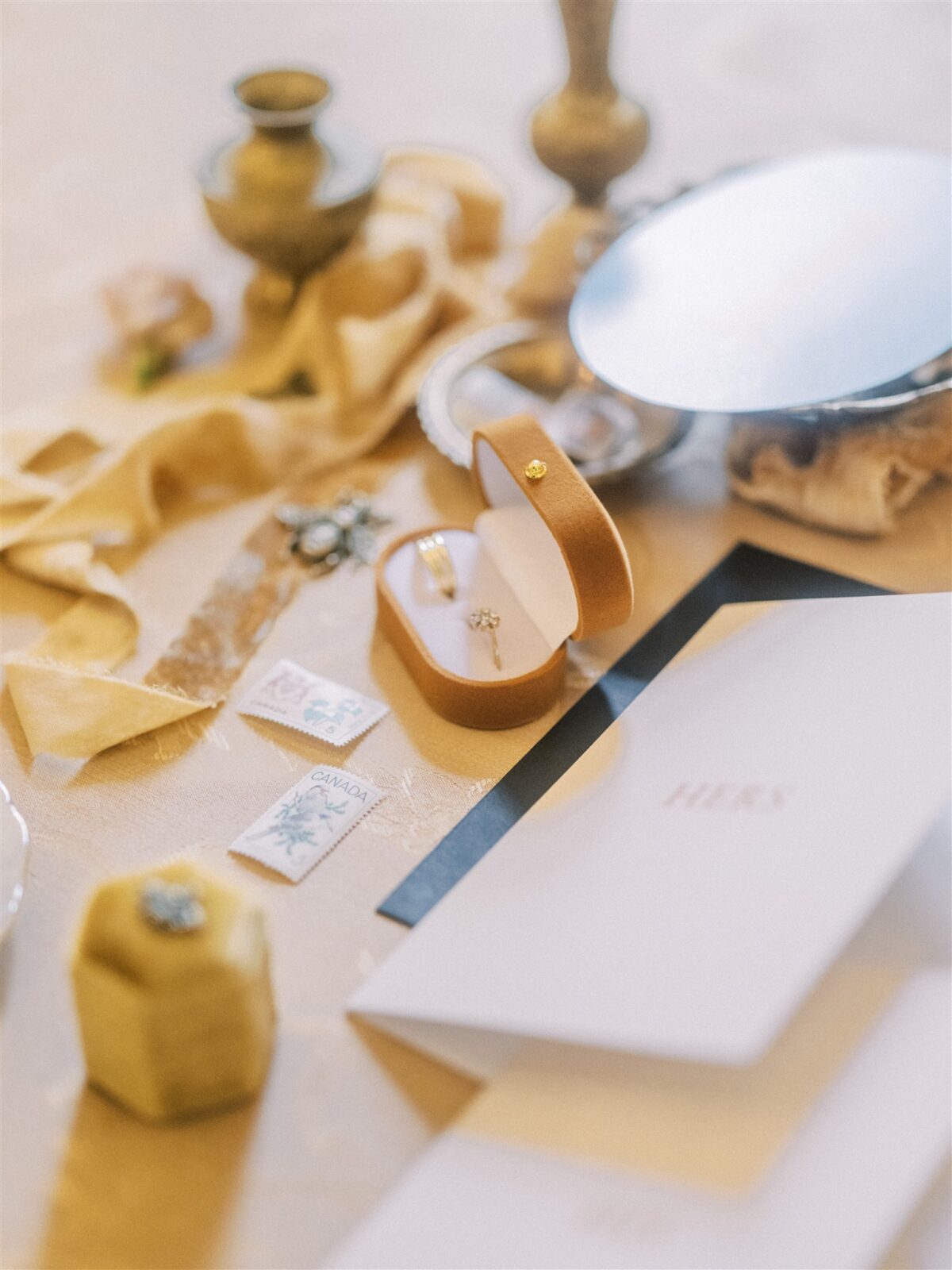 Wedding Details and Stationery Flatlay - Delectable Caramel & Toffee Tones in This Elegant Fairmont Wedding Inspiration, Ring Box