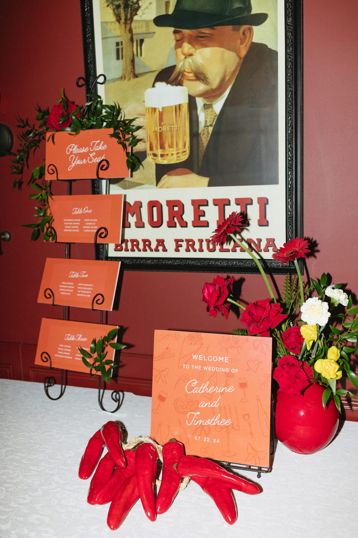 Handdrawn wedding welcome sign and seating chart printed on foamcore. #redweddingdesign #signagedetails