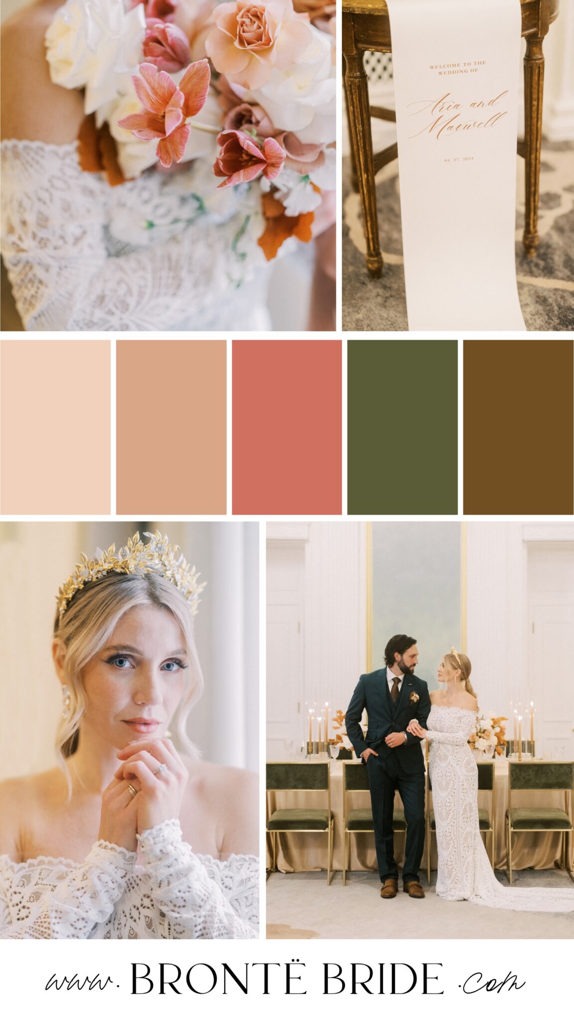 A wedding moodboard with blush, clay, olive, and ochre tones, featuring a bridal bouquet, a calligraphed scroll, a bride in a lace gown with a gold crown, and a stylish couple in an elegant setting.