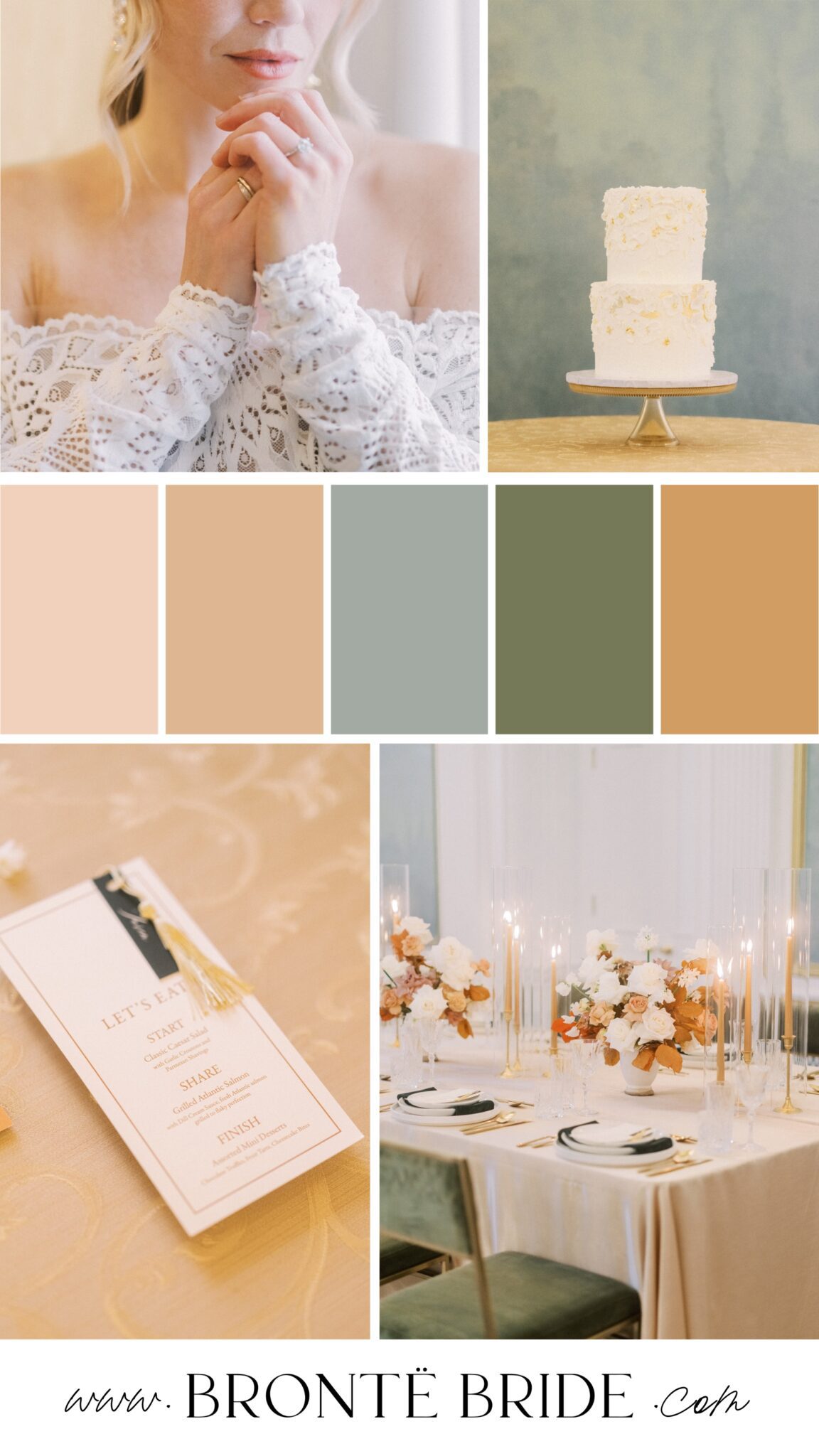 A wedding inspiration mood board features a bride in a lace dress, a two-tiered white cake, elegant candles, neutral-toned florals, and Wedding Colour Palette Inspiration in soft pastels for a timeless table setting and wedding menu.