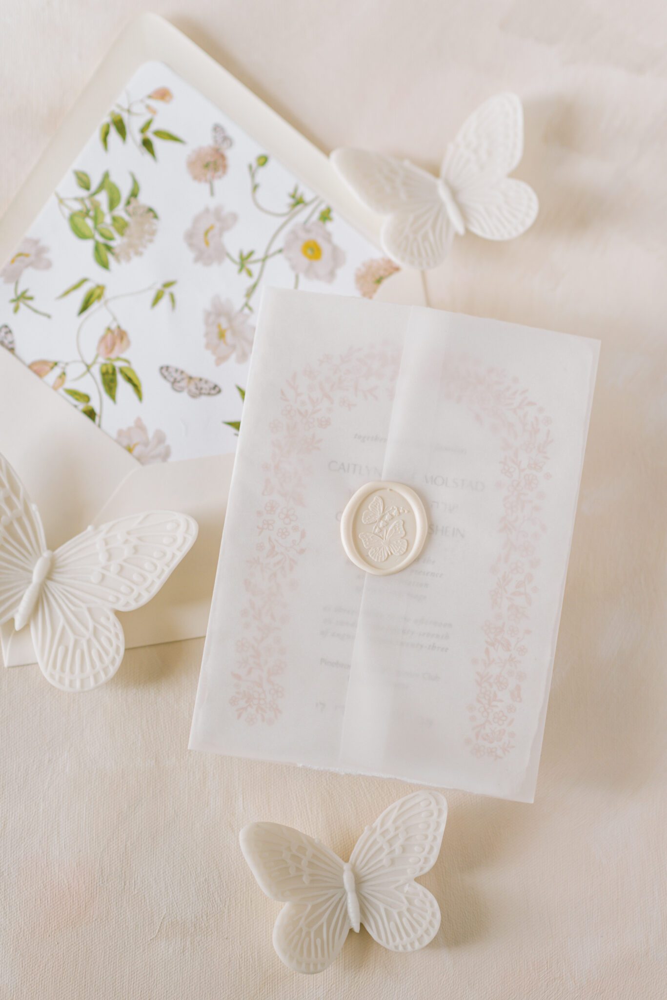 Beautiful Floral Wedding Invitation Suite with Butterfly Wax Seals