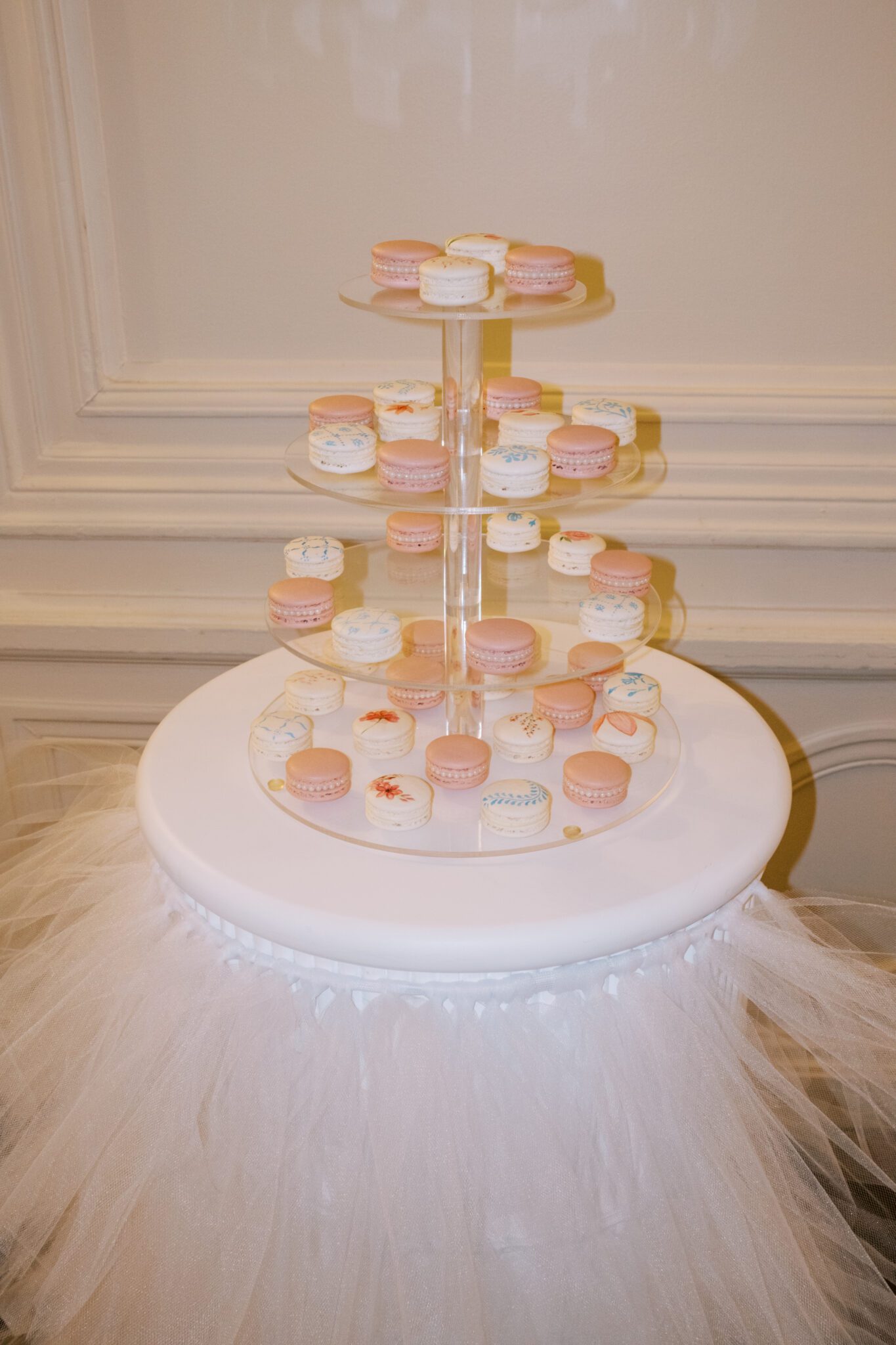 Blush pink macarons on a tiered tray. Whimsical ballet blush pink wedding inspiration at Fairmont Palliser Hotel. 
