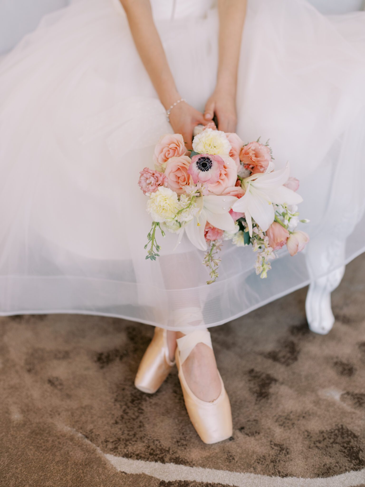 Blush pink bridal bouquet. Whimsical ballet blush pink wedding inspiration at Fairmont Palliser Hotel. 