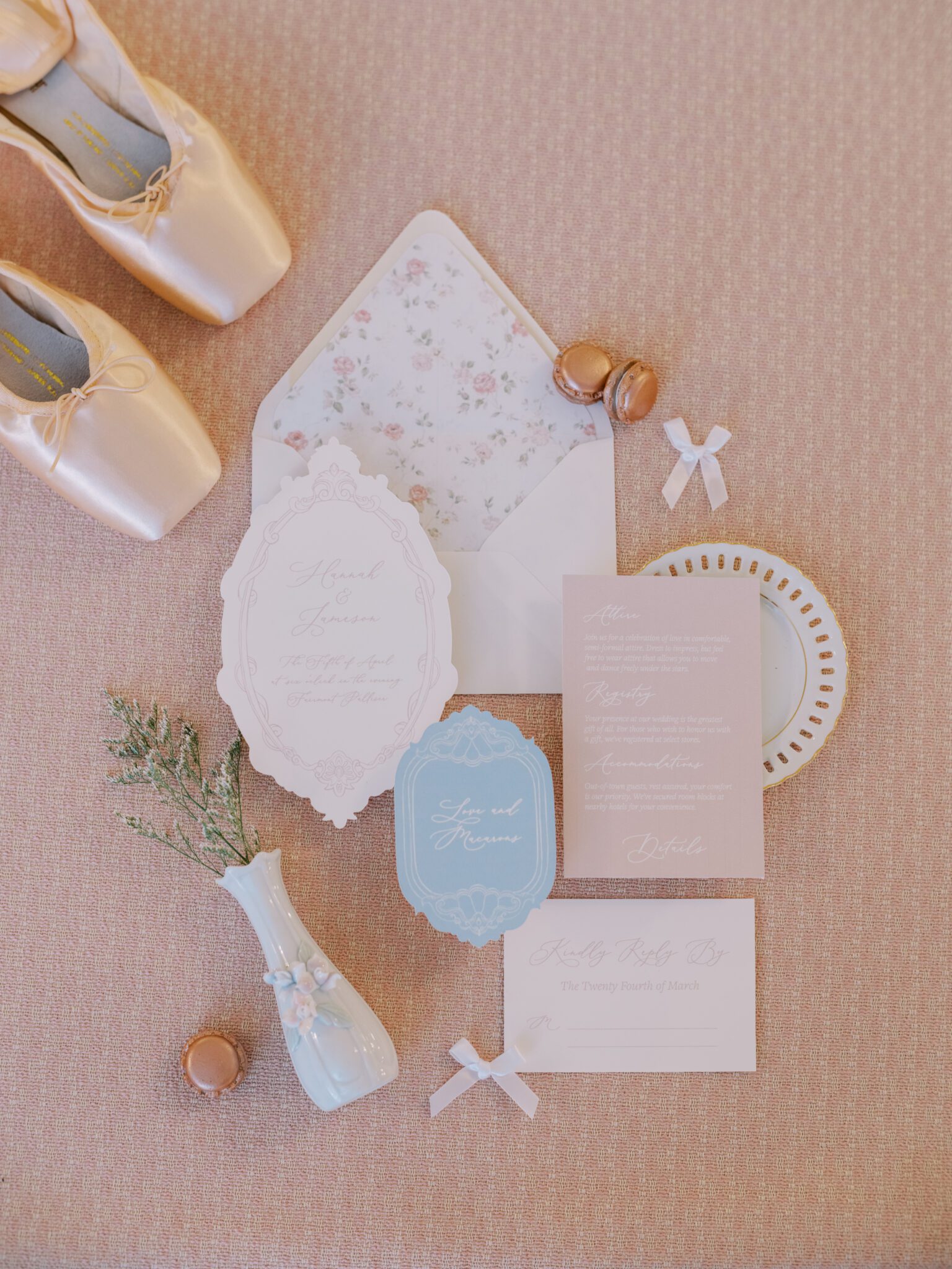 Wedding stationery design, intricate pastel wedding invitation, Whimsical ballet blush pink wedding inspiration at Fairmont Palliser Hotel. 