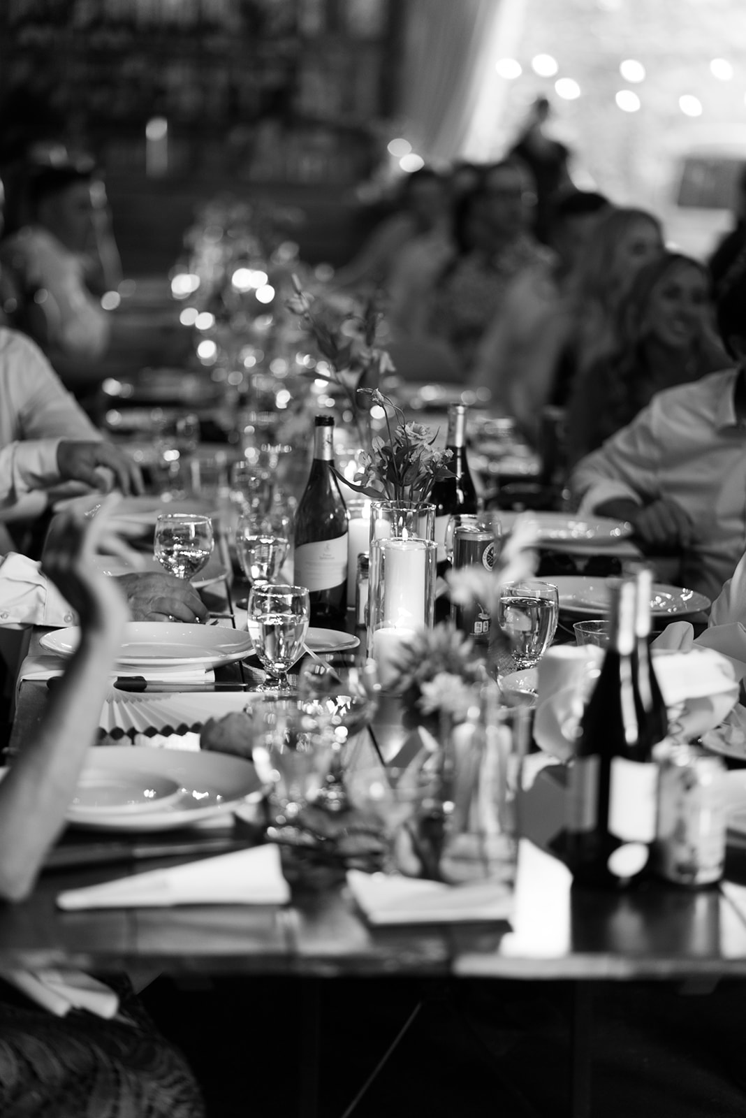 Rustic Summer wedding in Kootenay BC, Barn wedding reception tables at Hillside Lodge & Chalets in Golden BC