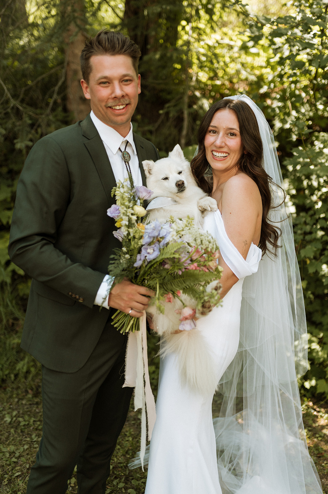 Kootenay Summer Wedding - Wedding Portraits of Bride and Groom with their dog in forest
