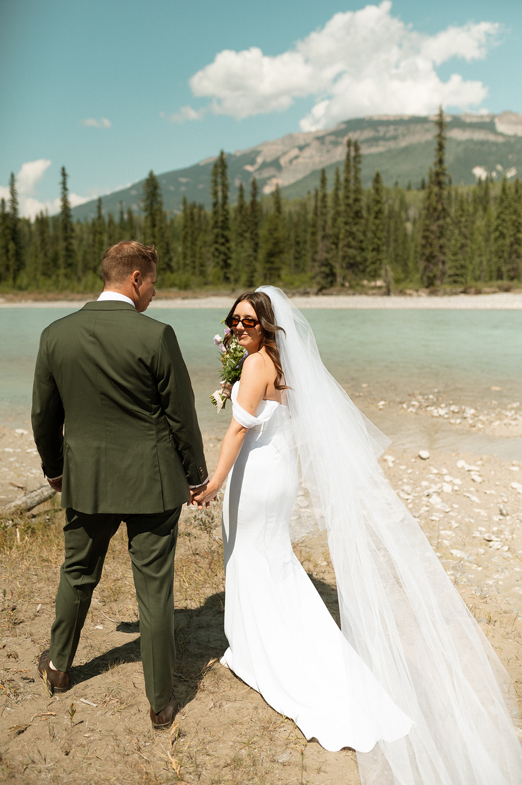 Kootenay Summer Wedding - Wedding Portrait of Bride and Groom in front of Lake